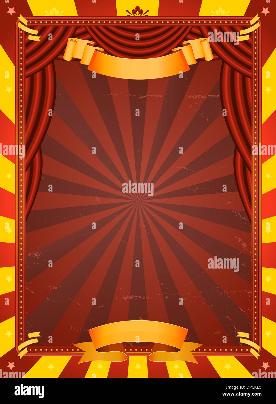 Illustration d'un cirque rouge et jaune rétro avec fond grunge texture et des rideaux rouges pour événements Arts et divertissements Banque D'Images
