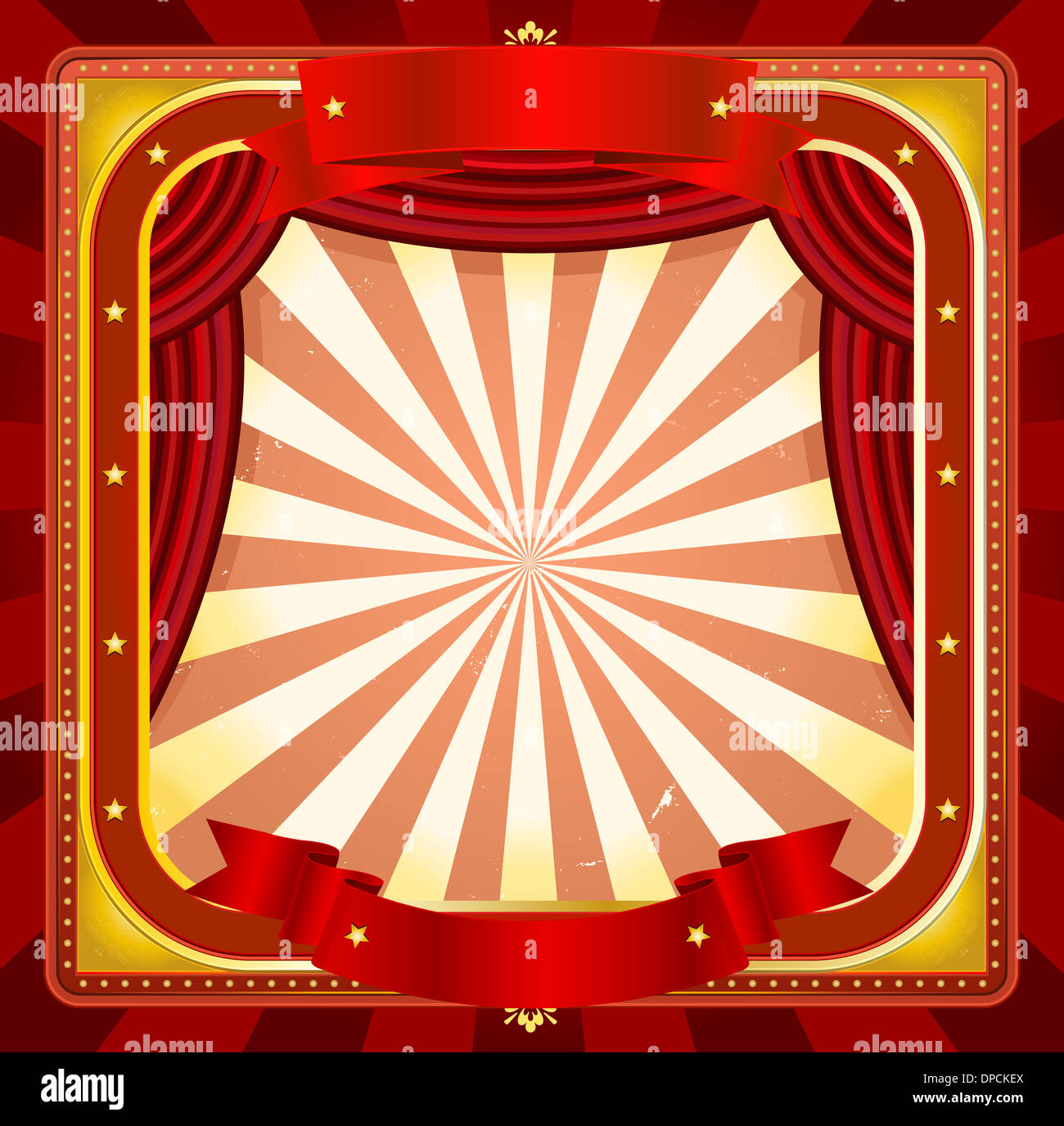 Illustration d'un carré d'arrière-plan de cirque avec des bannières, des rideaux rouges et divers ornements d'or et brillant Banque D'Images