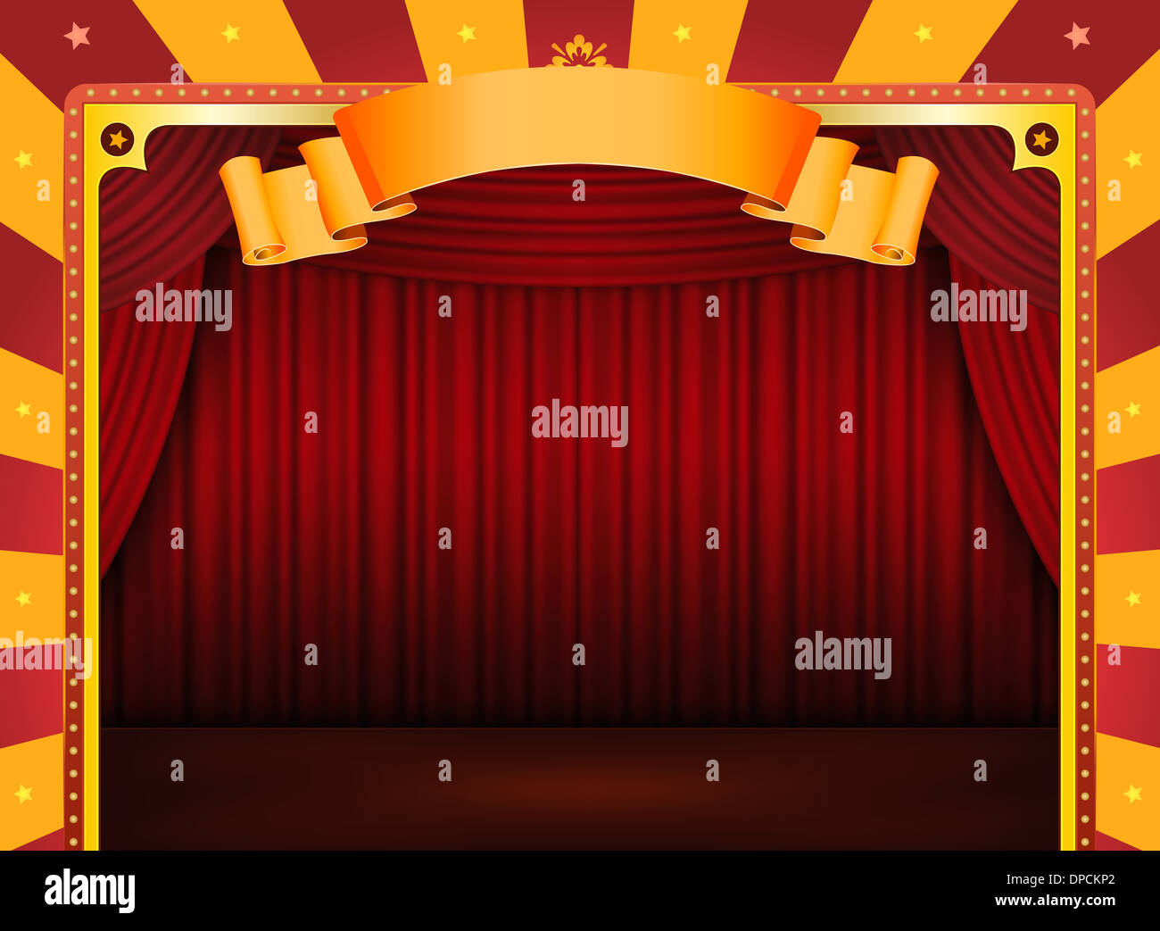 Illustration d'une retro horizontal fond du cirque rouge et jaune avec une scène et des rideaux rouges pour des événements Banque D'Images