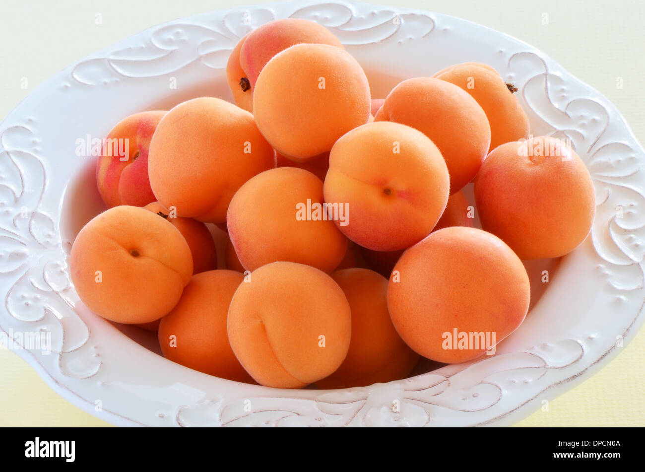 Les abricots frais mûrs dans un joli bol en format horizontal Banque D'Images