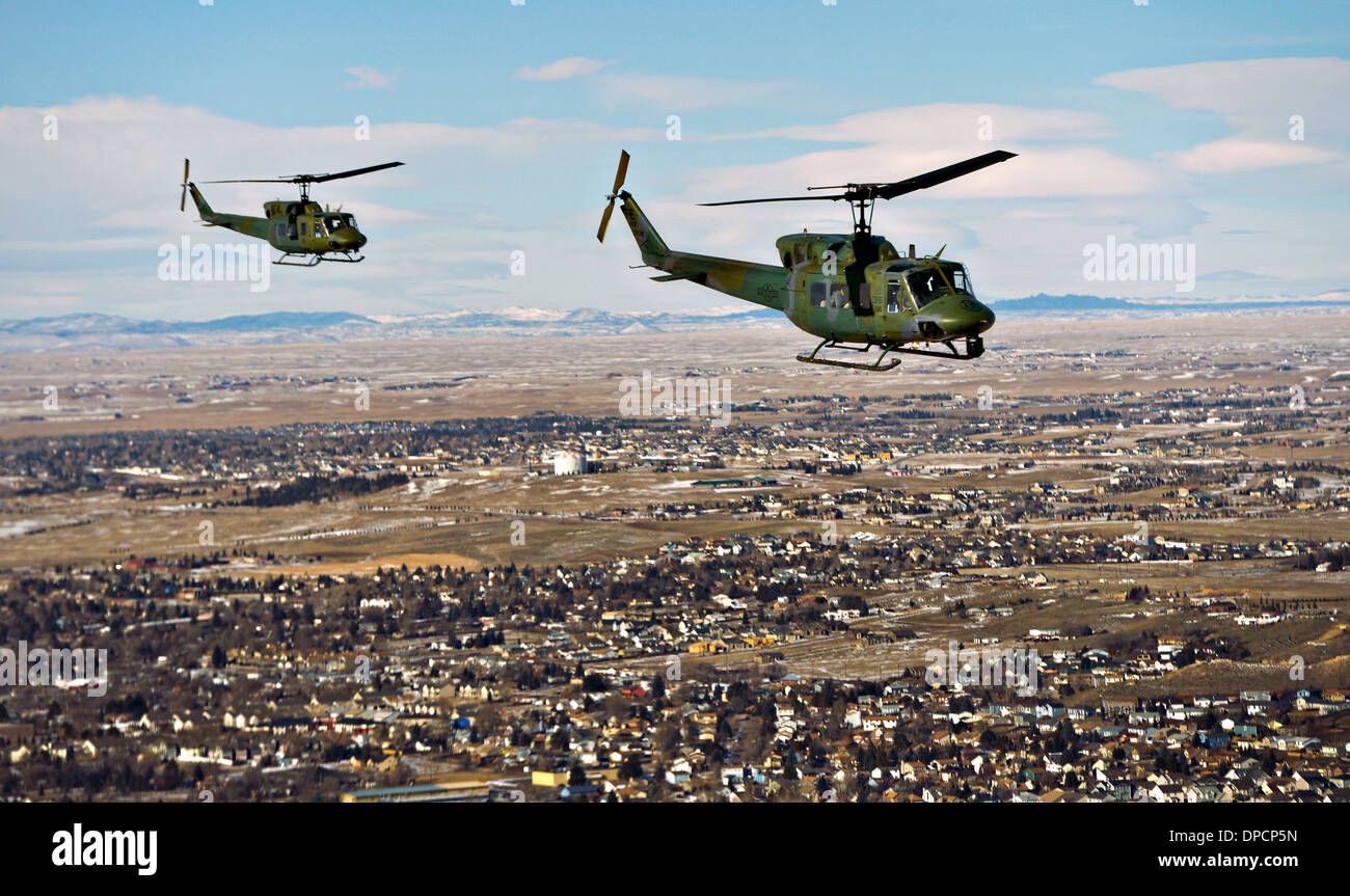 Le secrétaire américain à la défense Chuck Hagel est volé dans un hélicoptère sur sa façon de visiter l'installation d'alerte missiles E-01 et le Centre de contrôle de lancement, le 9 janvier 2014 près de Cheyenne, WY. Banque D'Images