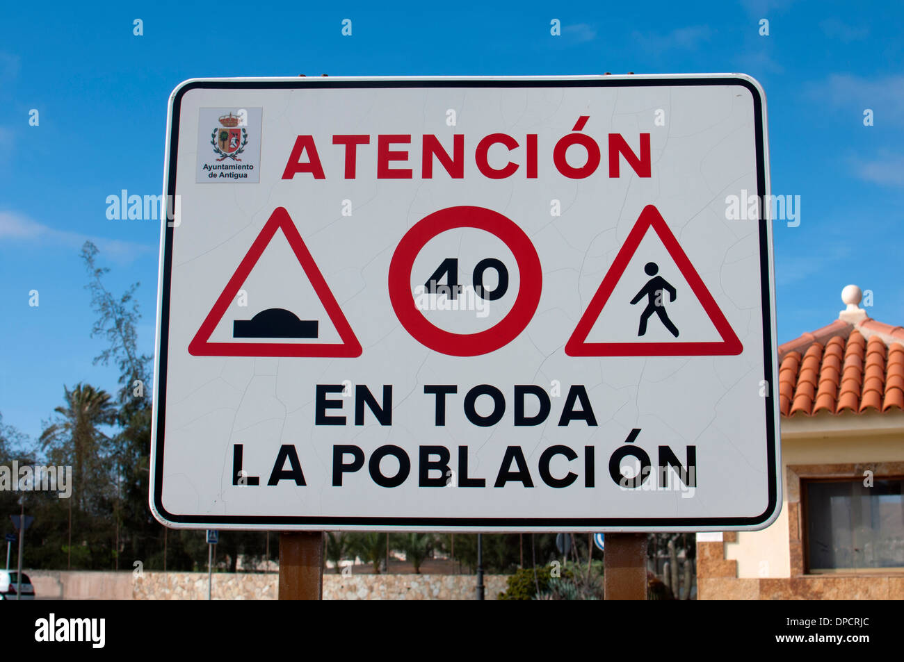 Road sign, Caleta de Fuste, Fuerteventura, Îles Canaries, Espagne. Banque D'Images