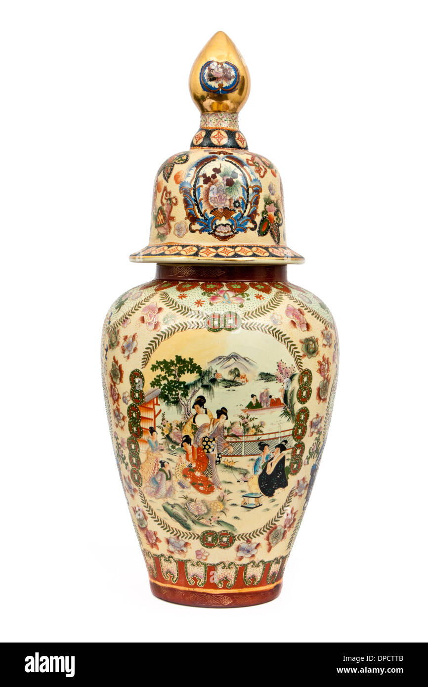 Vase à couvercle japonais antique beige / urne Banque D'Images