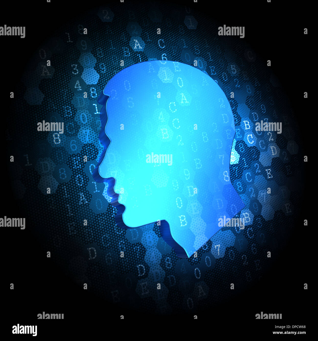 Profil de tête humaine bleu foncé sur arrière-plan numérique. Banque D'Images