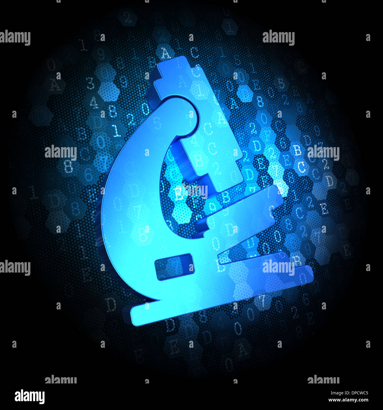 Microscope bleu foncé sur arrière-plan numérique. Banque D'Images