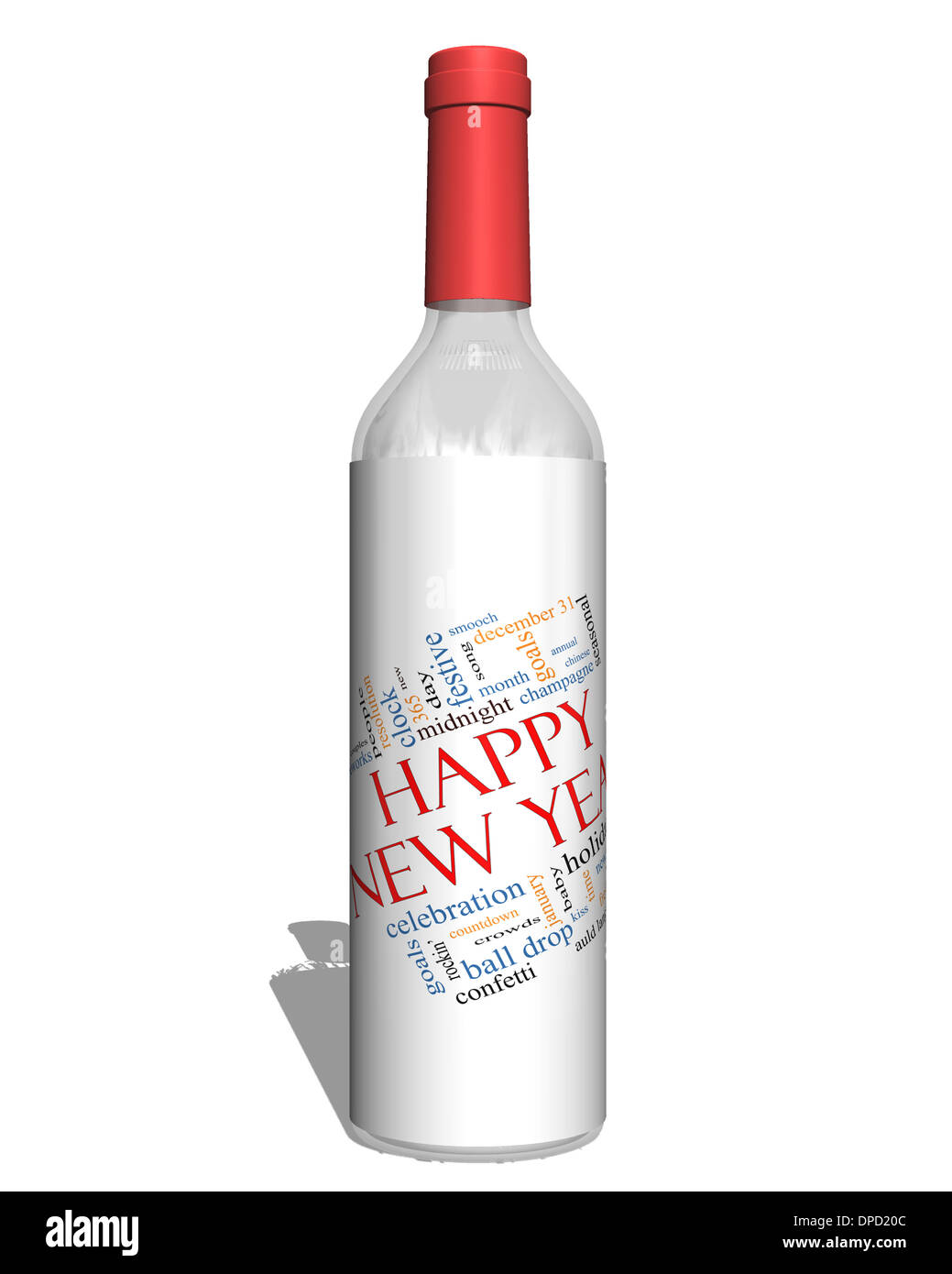 Bonne année sur une bouteille mot Concept Cloud avec beaucoup de termes comme célébration, maison de vacances, compte à rebours, baiser et plus encore. Banque D'Images