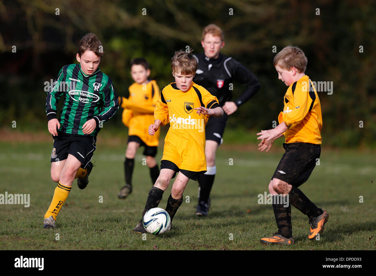 Hartley Wintney pèlerin équipe de football junior (jaune) jouer Curley Park Rangers dans un match de football de la jeunesse dans le Hampshire 14-12-13 Banque D'Images