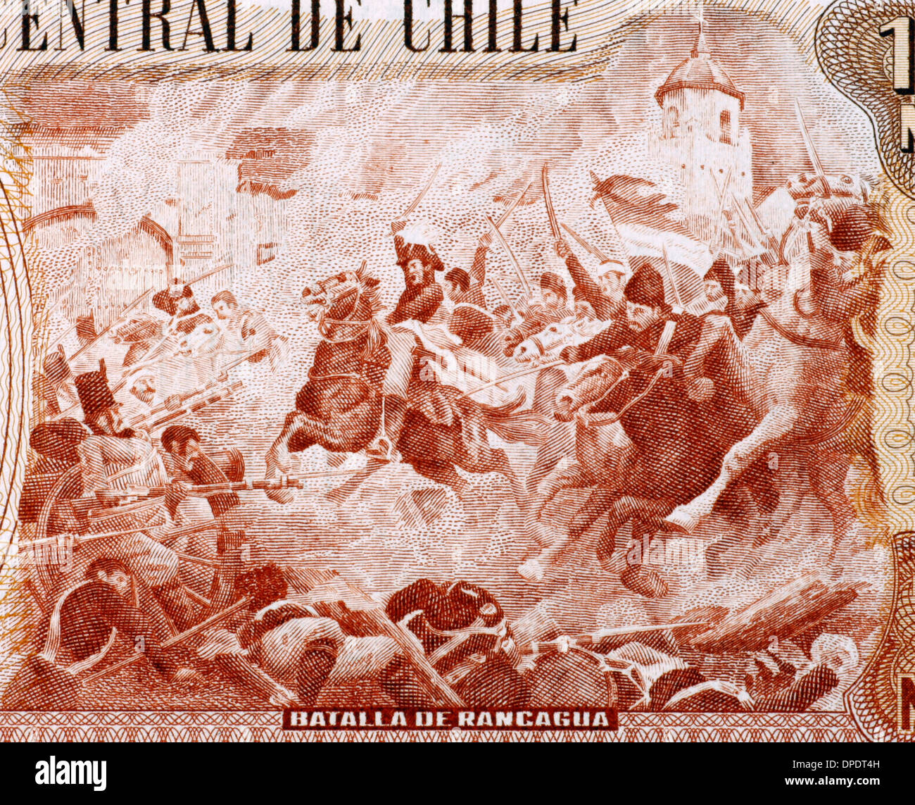 Bataille de Rancagua sur 10000 escudos 1970 du Chili. Banque D'Images