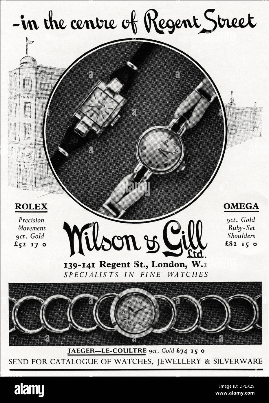 1950 Publicité Publicité & ROLEX Montres OMEGA par Wilson & Gill de Londres. Annonce dans le magazine de mode pour femmes vers 1952. Banque D'Images