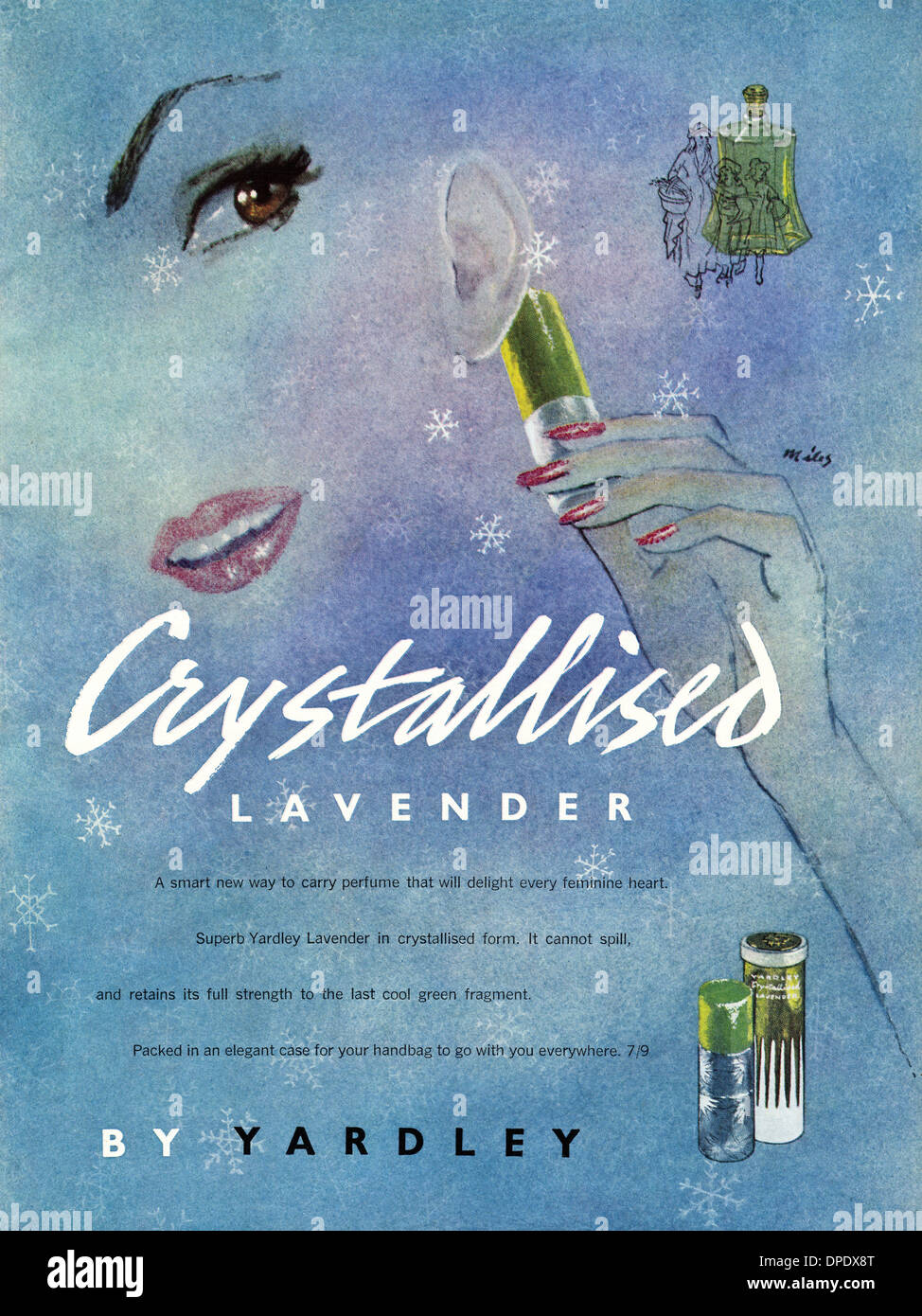 1950 Publicité Publicité parfum lavande cristallisée par YARDLEY cosmétiques. Annonce dans le magazine de mode pour femmes vers 1952. Banque D'Images
