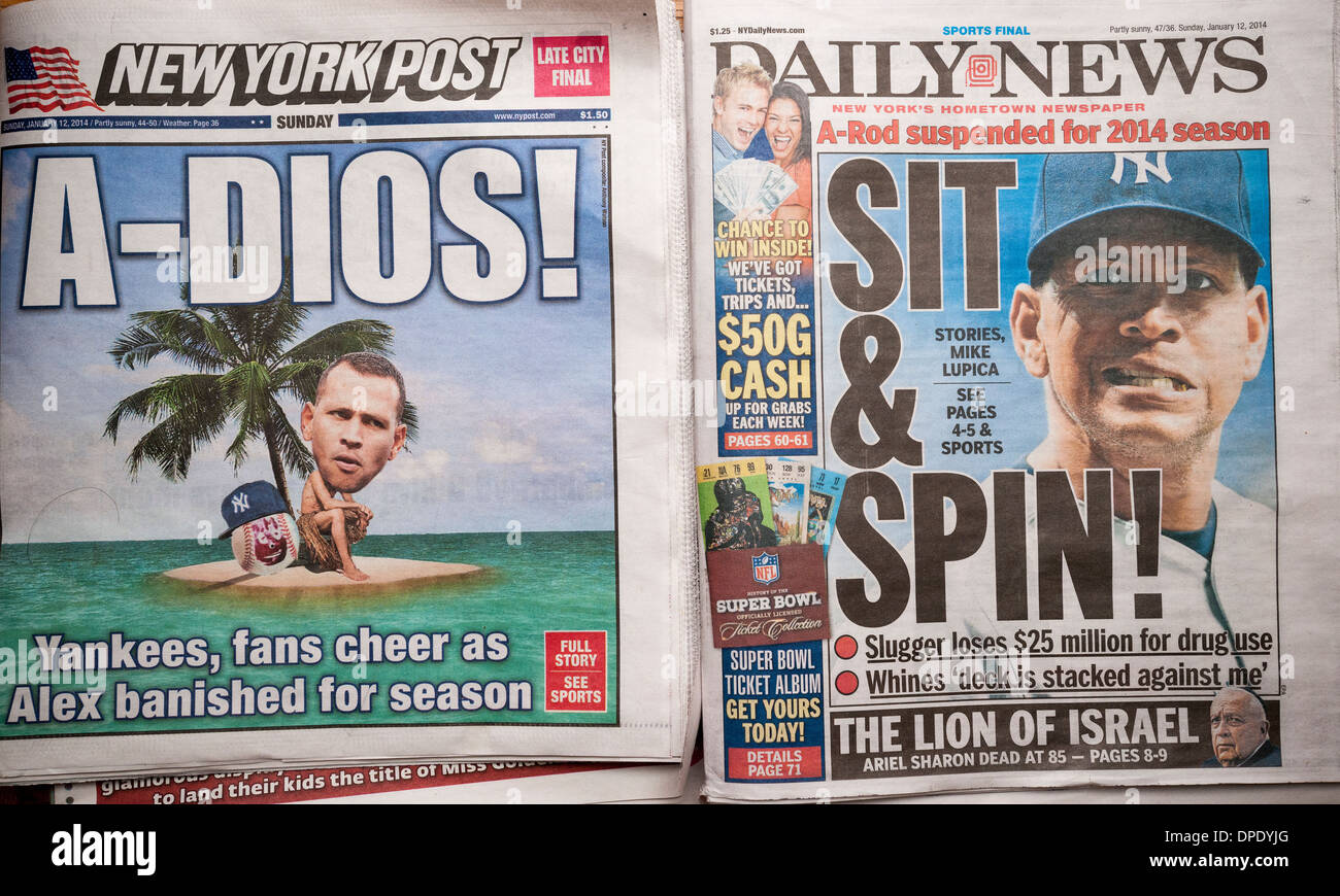 Titres des tabloïds New York rapport sur la suspension de la Ligue Majeure de Baseball des Yankees de New York Alex Rodriguez Banque D'Images