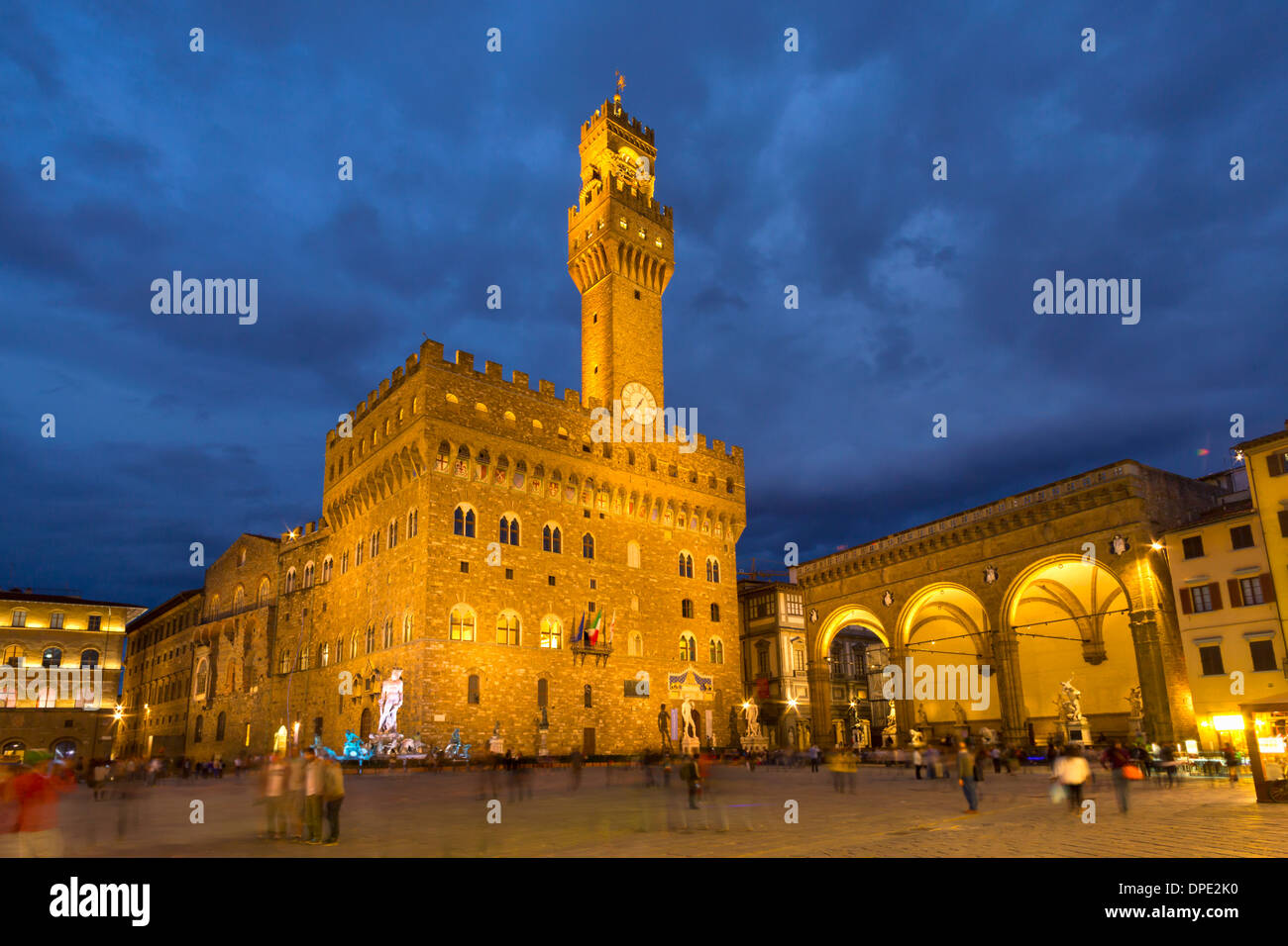 Piazza della Signoria la nuit, Florence, Toscane, Italie Banque D'Images