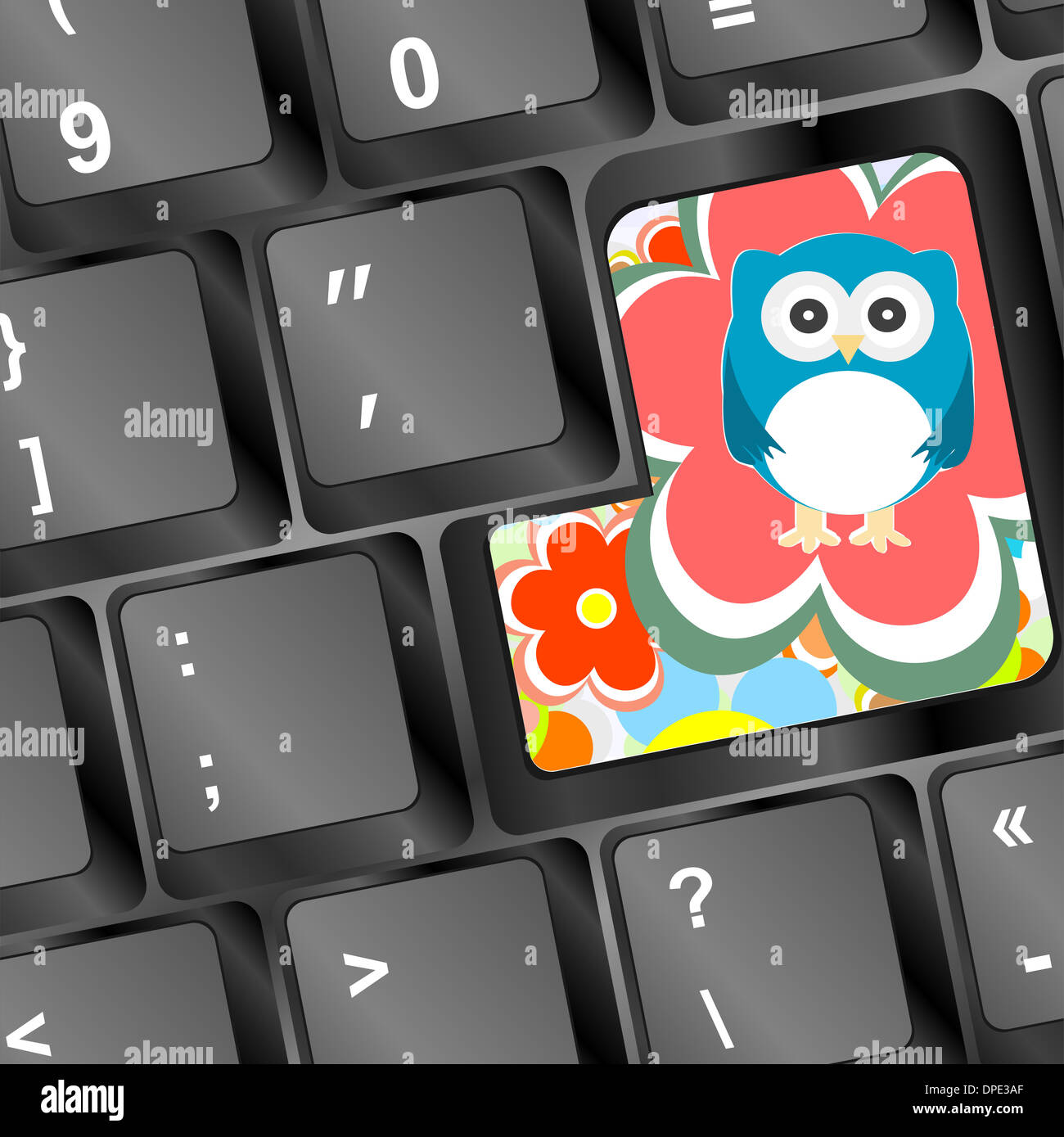 Owl sur clavier informatique key avec des fleurs Banque D'Images