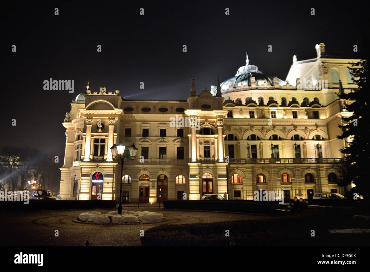 Krakov (Cracovie), Juliusz Slowacki theater krakov Pologne vue nocturne latérale baroque européenne. Les salles. Banque D'Images