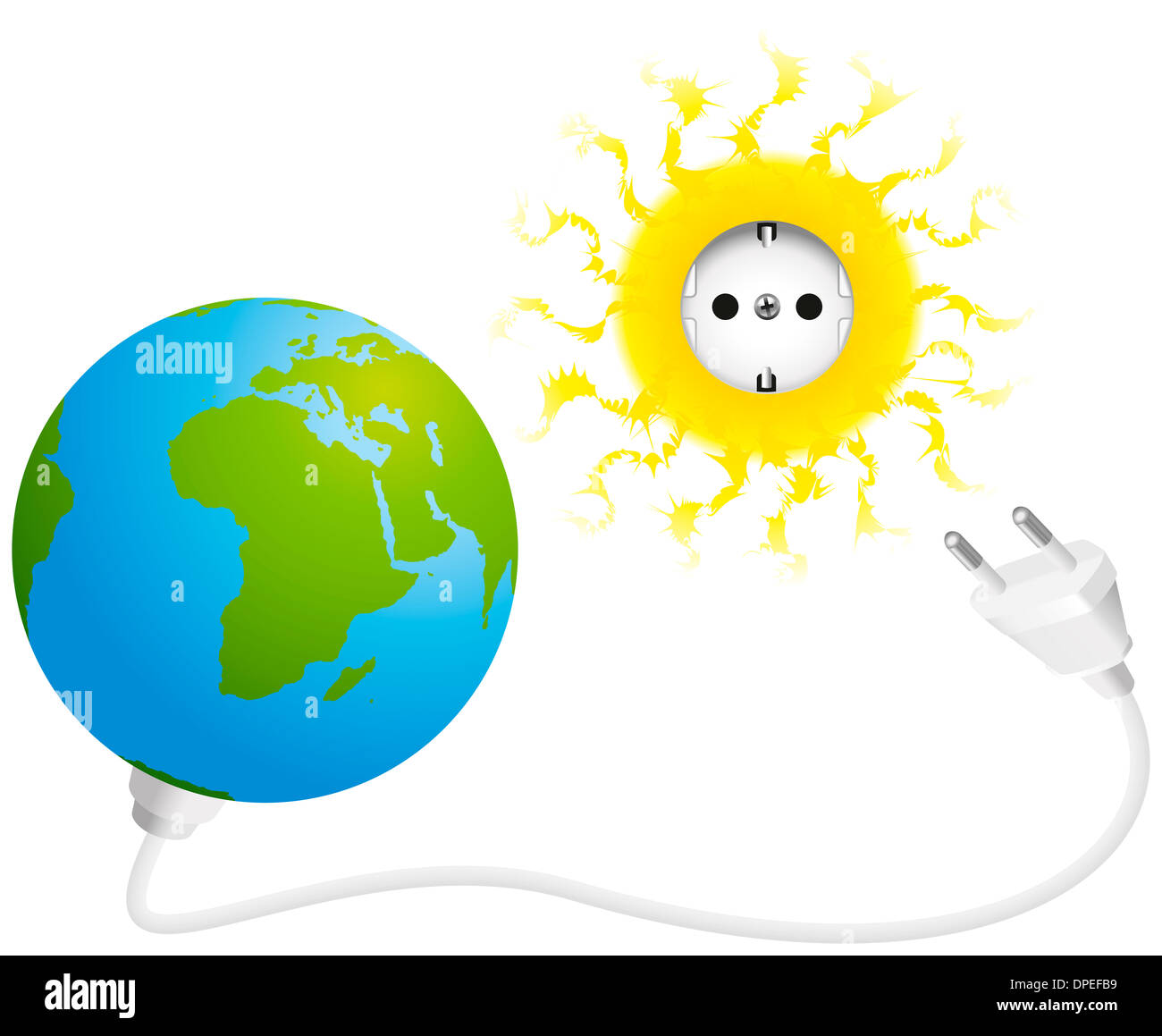 Illustration du soleil, de la terre, et branchez, un symbole pour l'énergie solaire et l'électricité verte. Banque D'Images