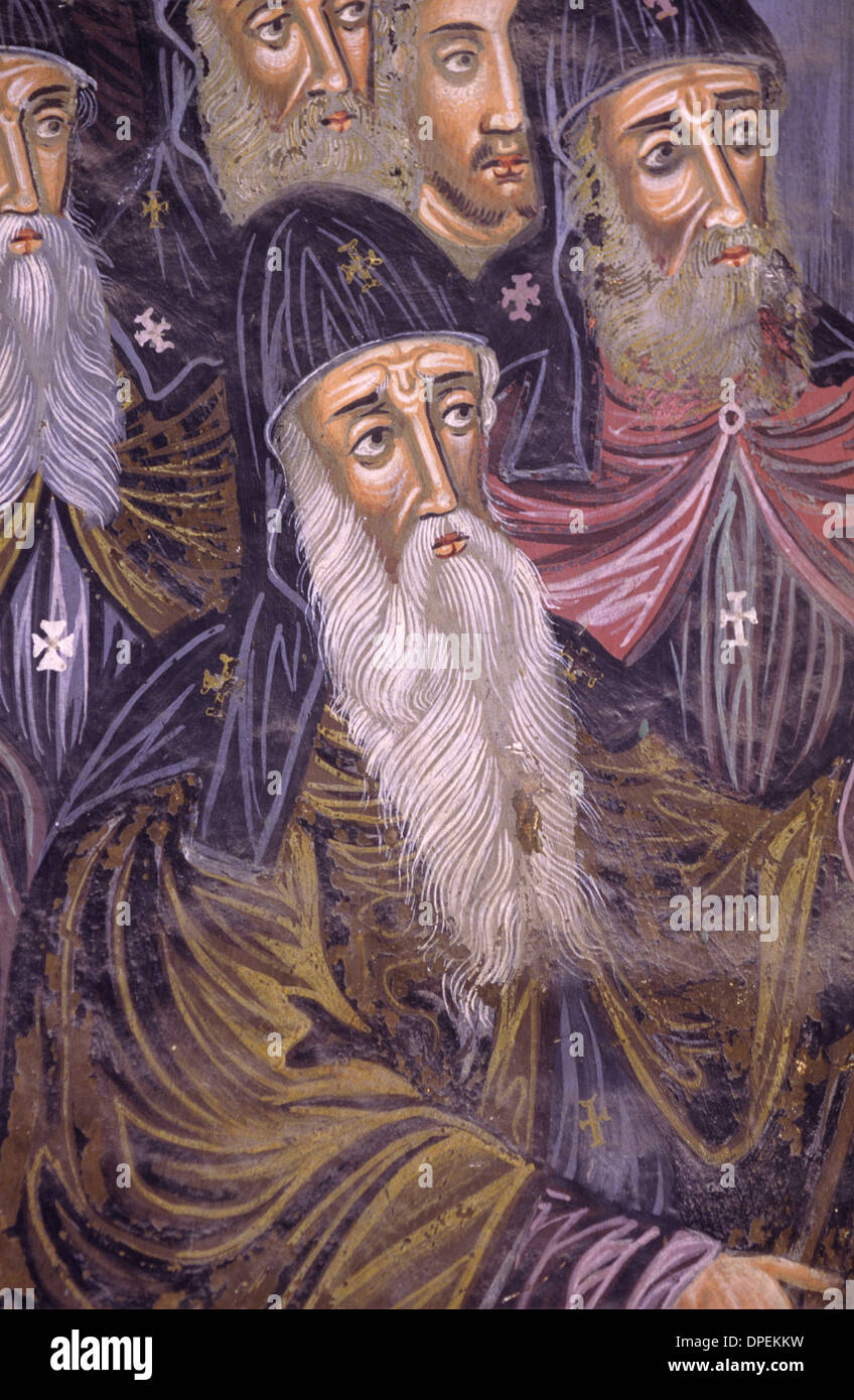 Peinture murale et fresque ou portrait d'un moine orthodoxe grec dans les vêtements religieux grand monastère Lavra Le Mont Athos en Grèce Banque D'Images