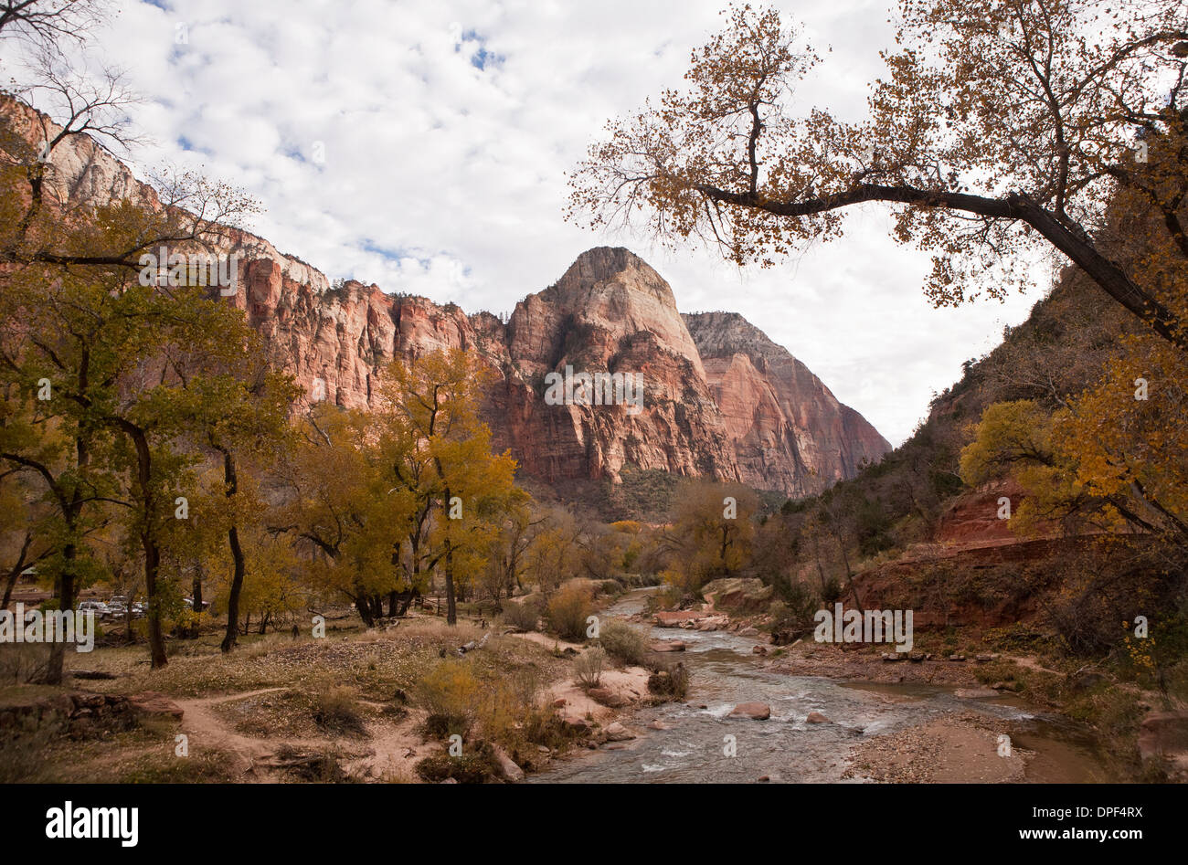 Vue des montagnes et de la rivière à l'automne, Zion National Park, Utah, USA Banque D'Images