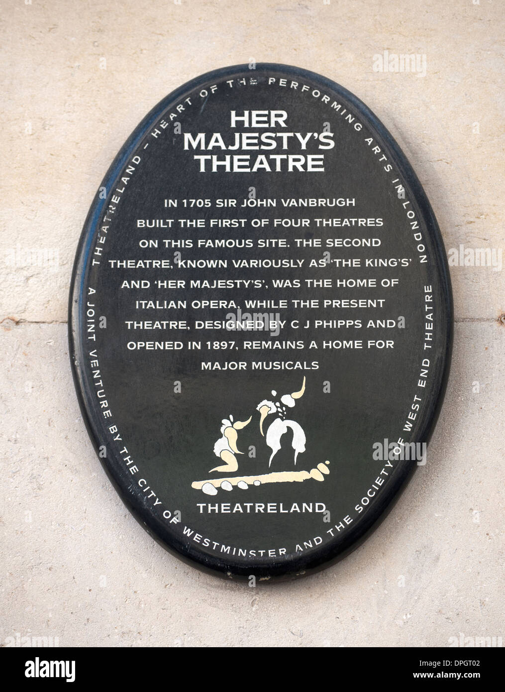 Plaque à Her Majesty's Theatre, Haymarket, Londres, Royaume-Uni. Banque D'Images