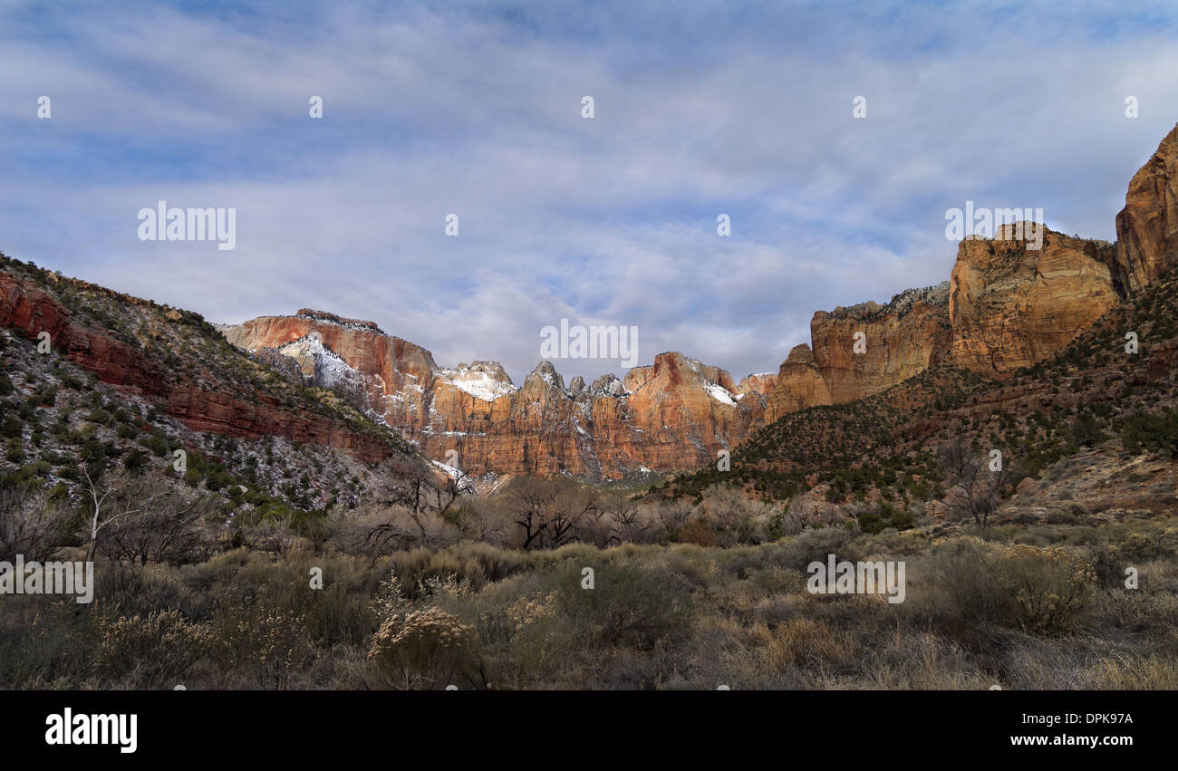 La première lumière de l'aube sur le Temple de l'Ouest et les tours de la Vierge, Zion National Park, Utah USA Banque D'Images