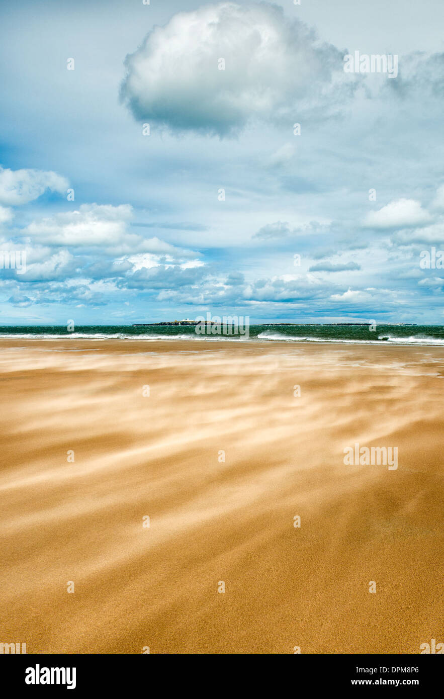 Jour de vent sur la plage de sable et de Bamburgh entre Largs, avec les îles Farne dans l'arrière-plan, Northumberland, Angleterre Banque D'Images