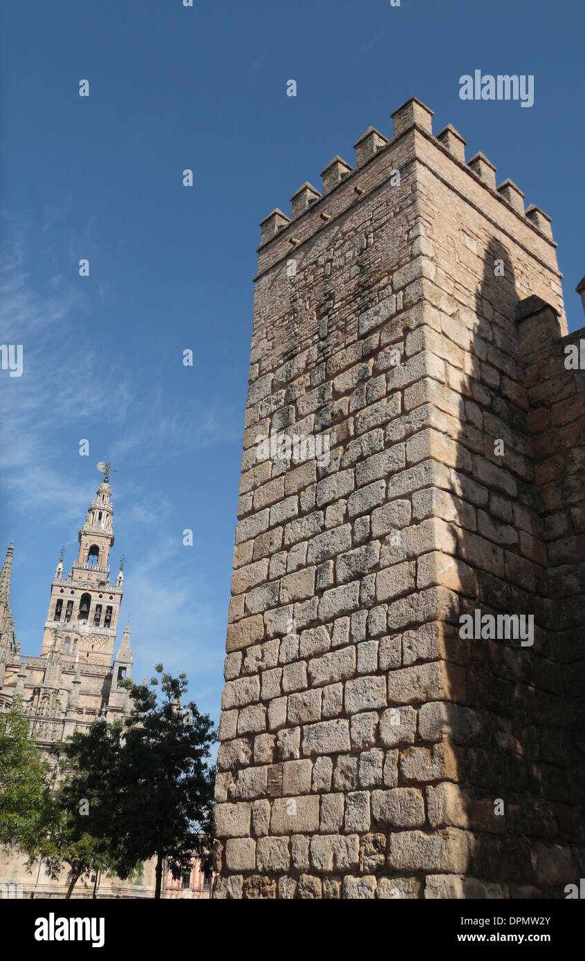 Fortofication, une partie de l'Alcázar de Séville (Reales Alcázares de Séville' ou 'Royal Alcazars de Séville'), Sevilla, Espagne. Banque D'Images