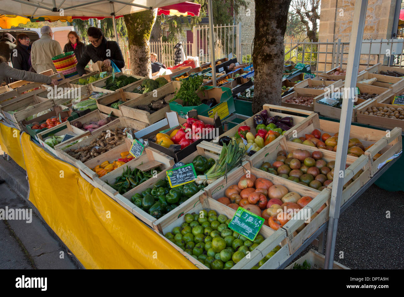 Stand de fruits et légumes biologiques au marché de jour, à St Cyprien, Dordogne, France. Banque D'Images