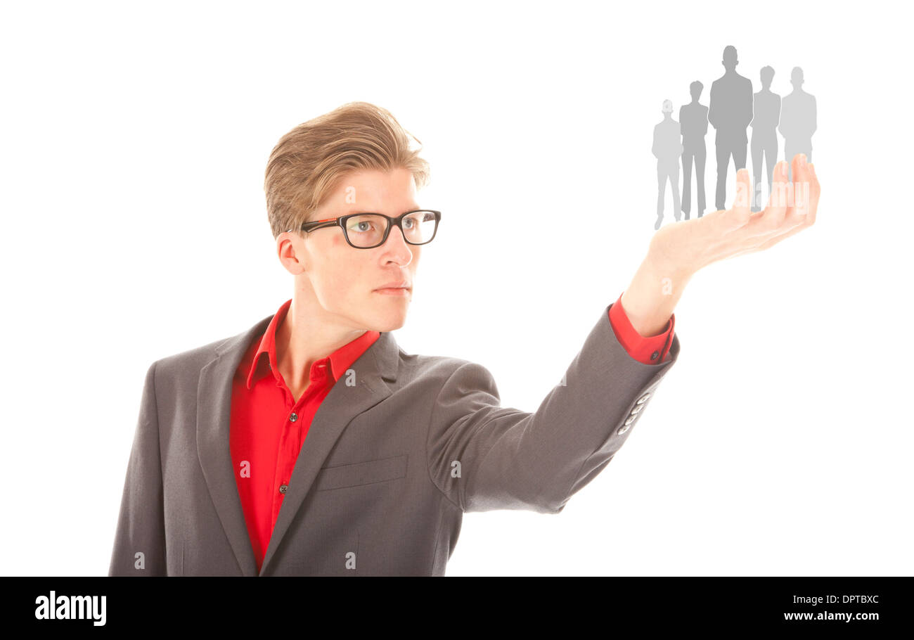Jeune étudiant détenant une illustration de groupe d'entreprise isolé sur fond blanc Banque D'Images