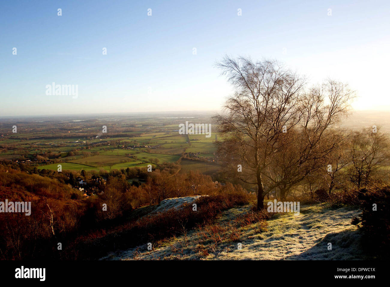 Givre sur les collines de Malvern, Worcestershire, sur un beau matin l'hiver. 14 janvier 2014. Banque D'Images