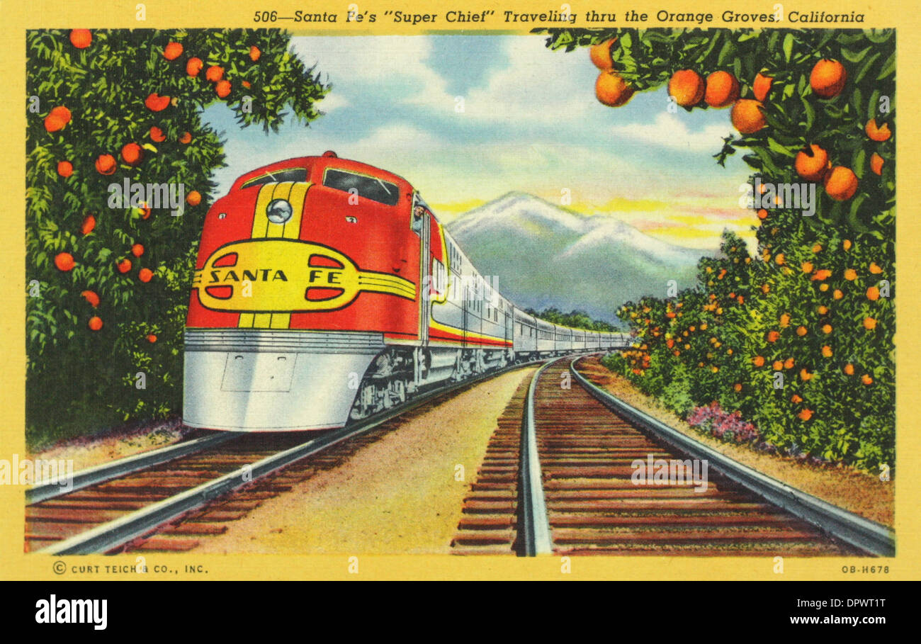 Atchison, Topeka and Santa Fe Railway, Super Chef de train de voyageurs diesel voyageant à travers les orangeraies en Californie USA E1A Banque D'Images