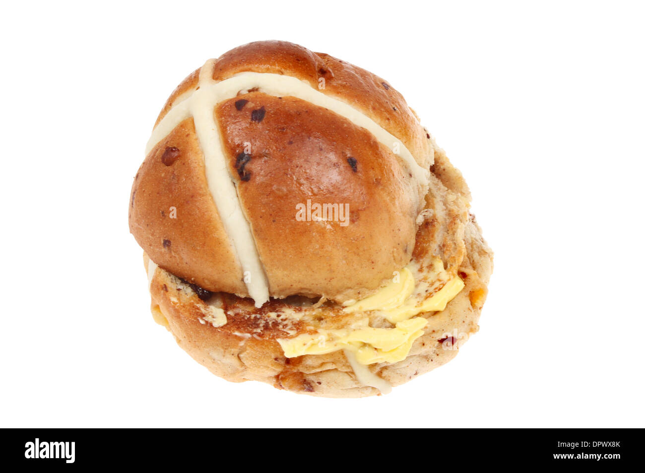 Hot cross bun beurré isolés contre white Banque D'Images