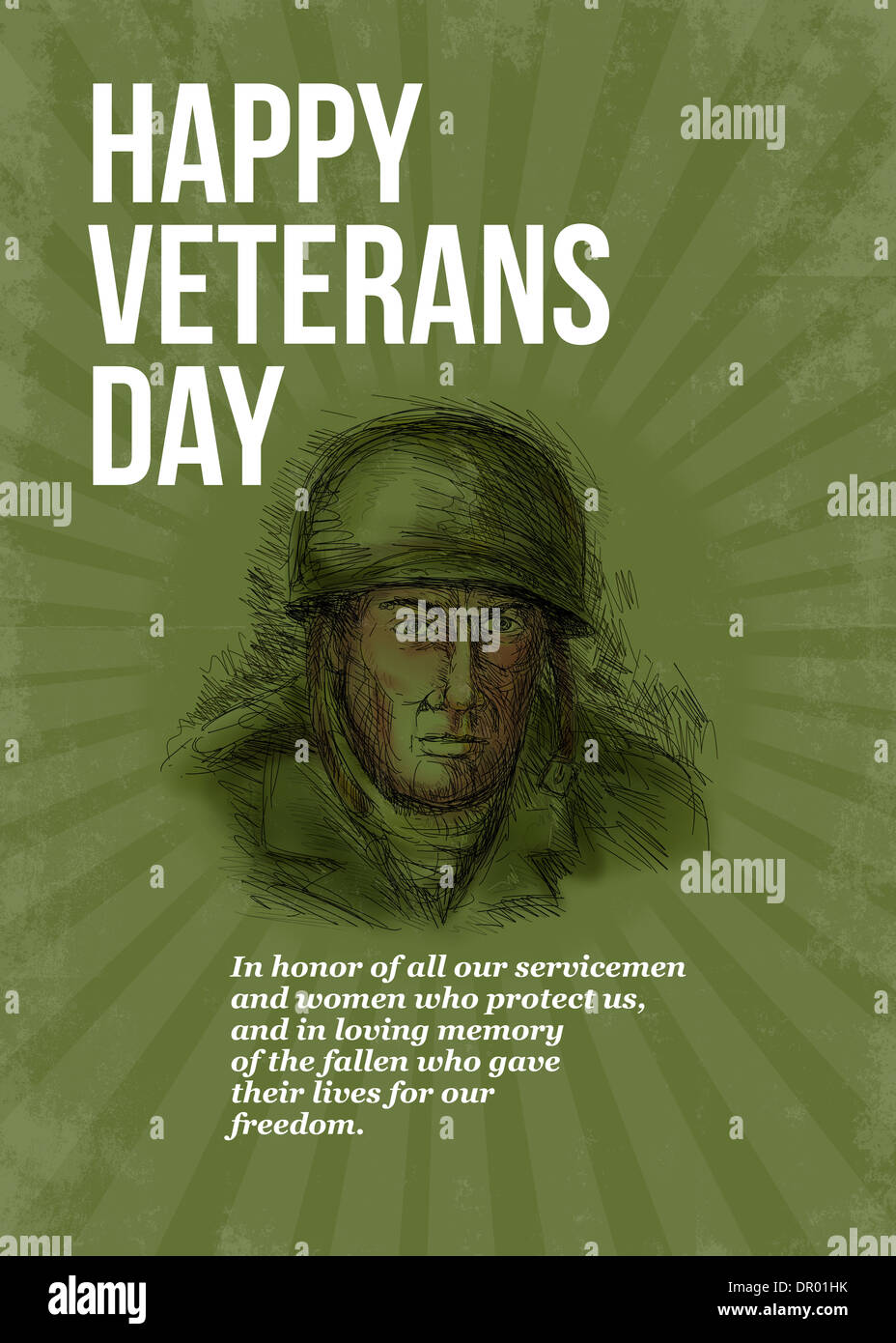 Carte de voeux affiche montrant des croquis à main illustration d'un soldat de la deuxième guerre mondiale face à l'avant dans un style rétro avec des mots heureux Banque D'Images