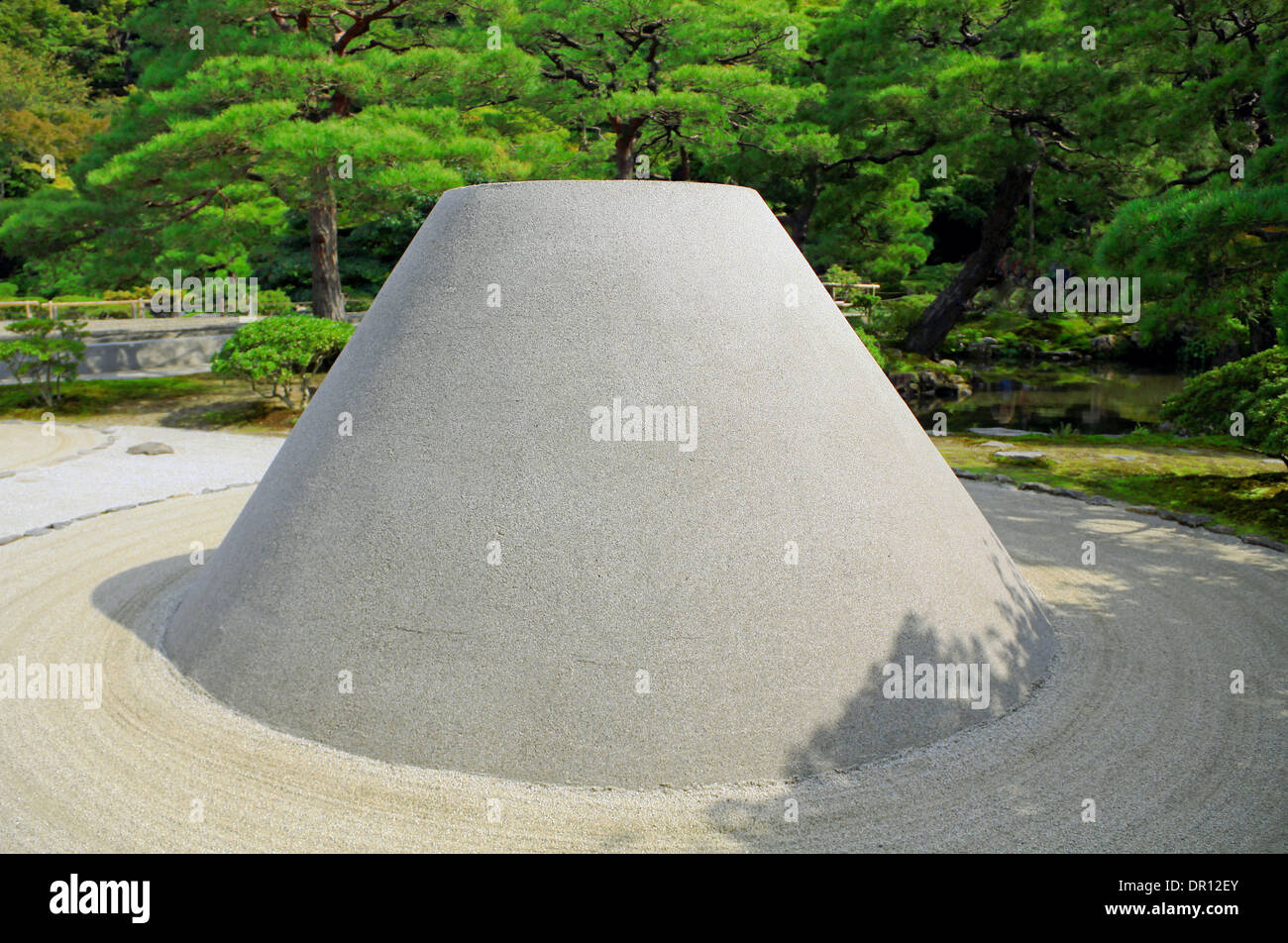 Kogetsudai : Une pyramide de sable représentant le Mont Fuji, dans le jardin Zen, Ginkakuji, Kyoto, Japon. Banque D'Images