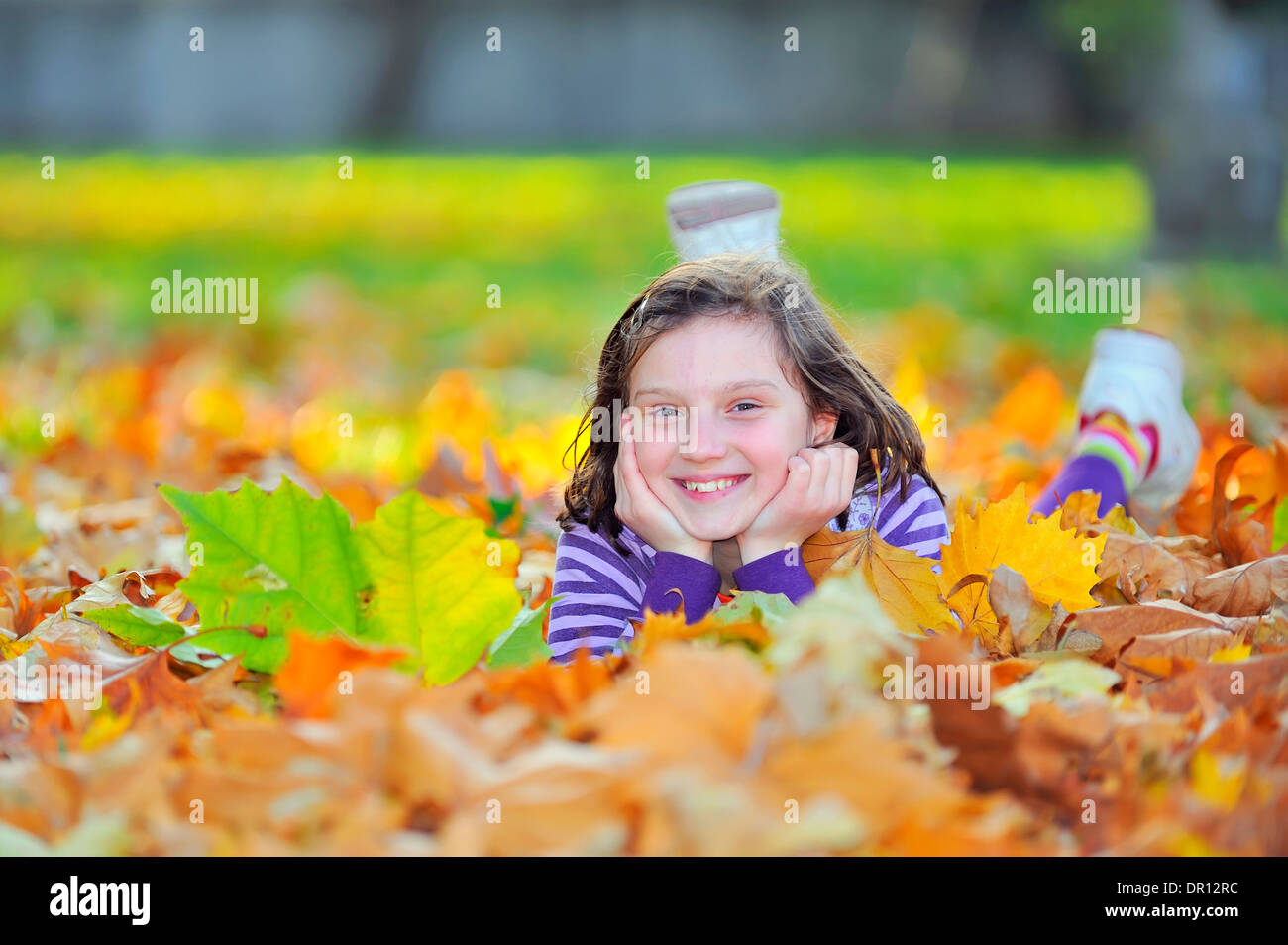 Petite fille portant sur les feuilles d'automne Banque D'Images