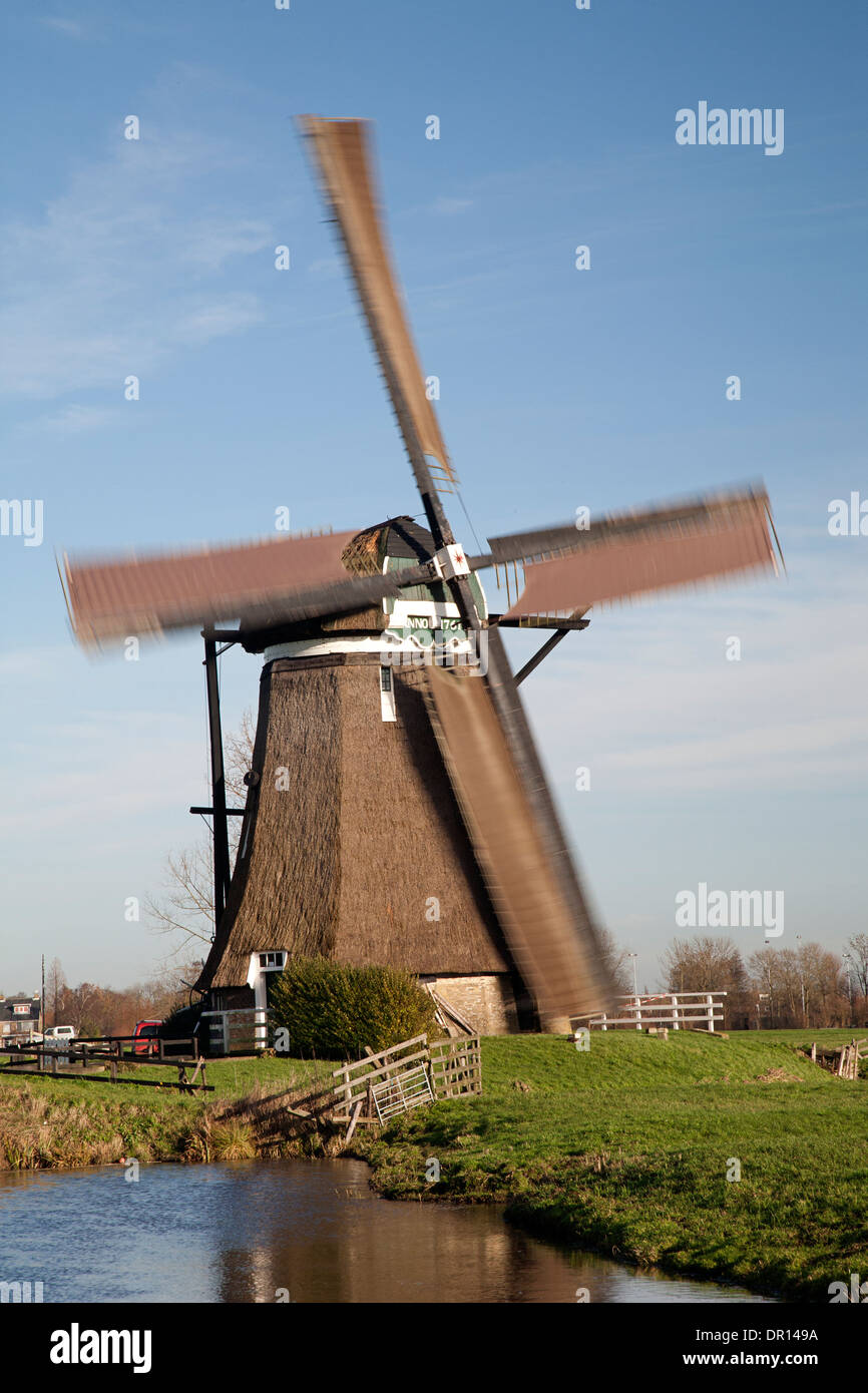 Moulin à vent hollandais de voiles floue en raison de la rotation, Streefkerk, Hollande méridionale, Pays-Bas Banque D'Images