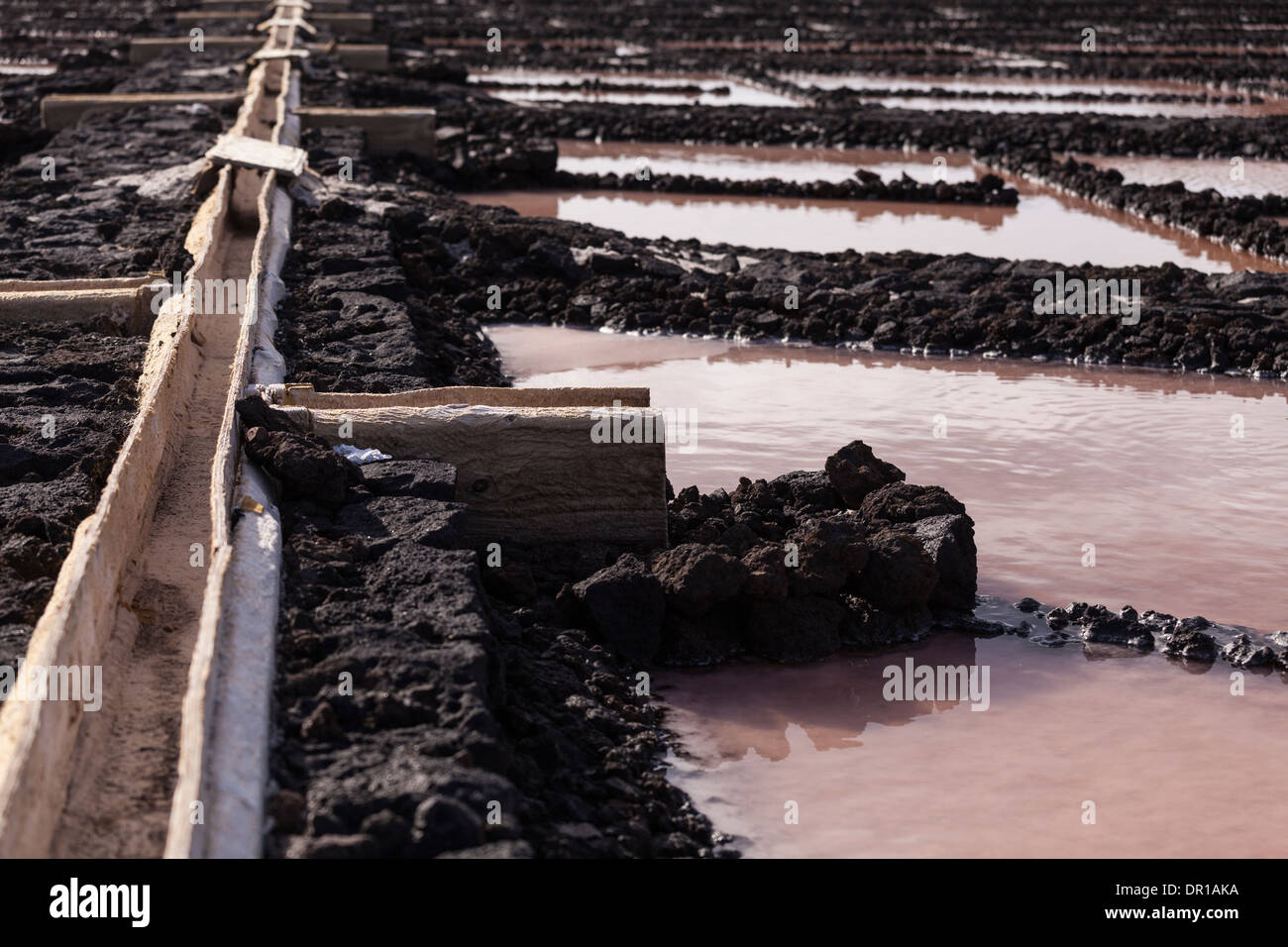 Les étangs d'eau salée où la production de sel de mer s'effectue par le dessalement à Fuencaliente, La Palma, Canary Islands, Espagne, Banque D'Images