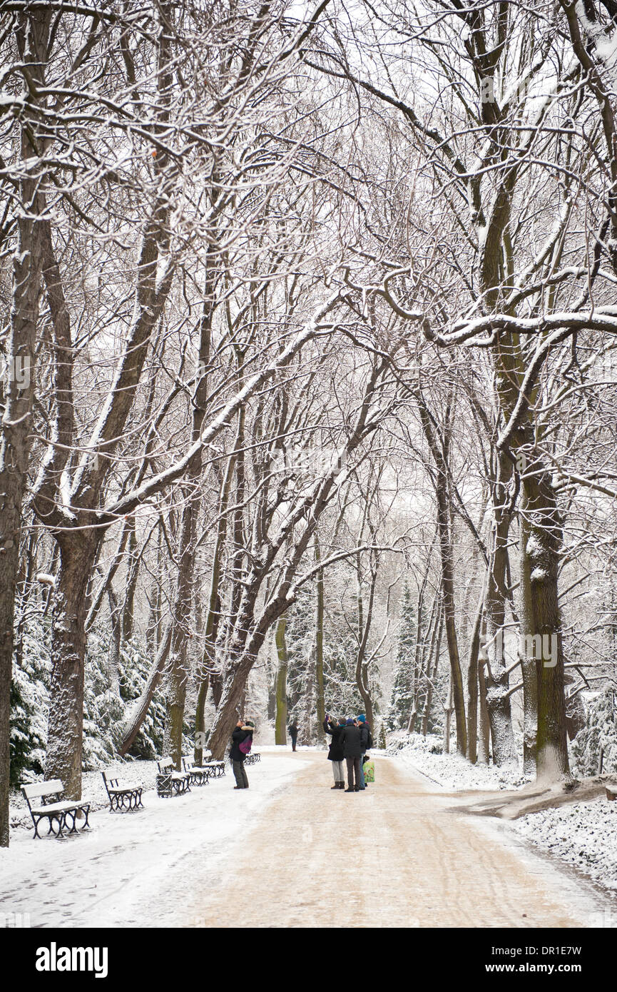 Groupe de touristes marcher dans le parc enneigé Banque D'Images