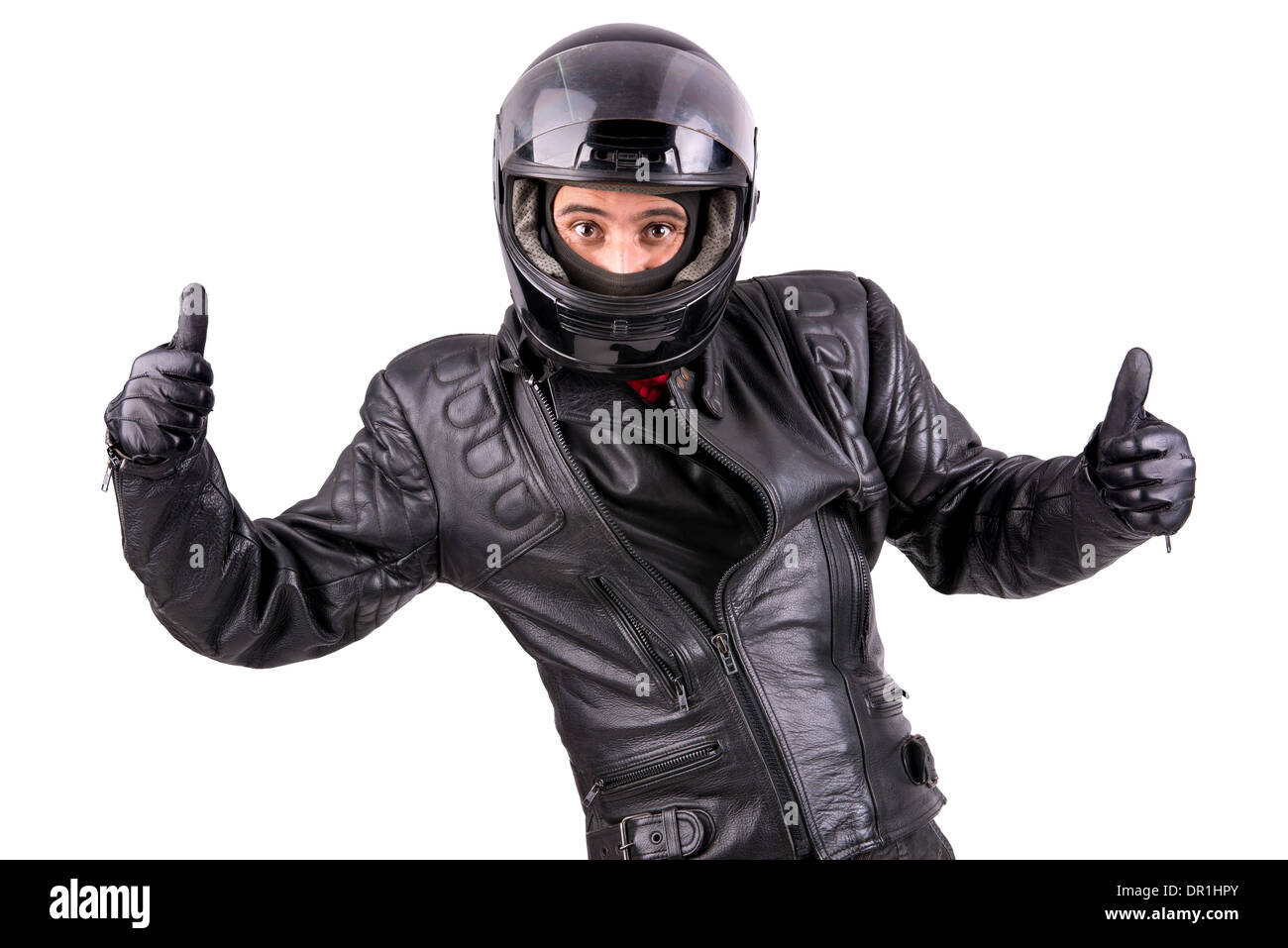 Biker en blouson de cuir avec casque isolé dans White Banque D'Images