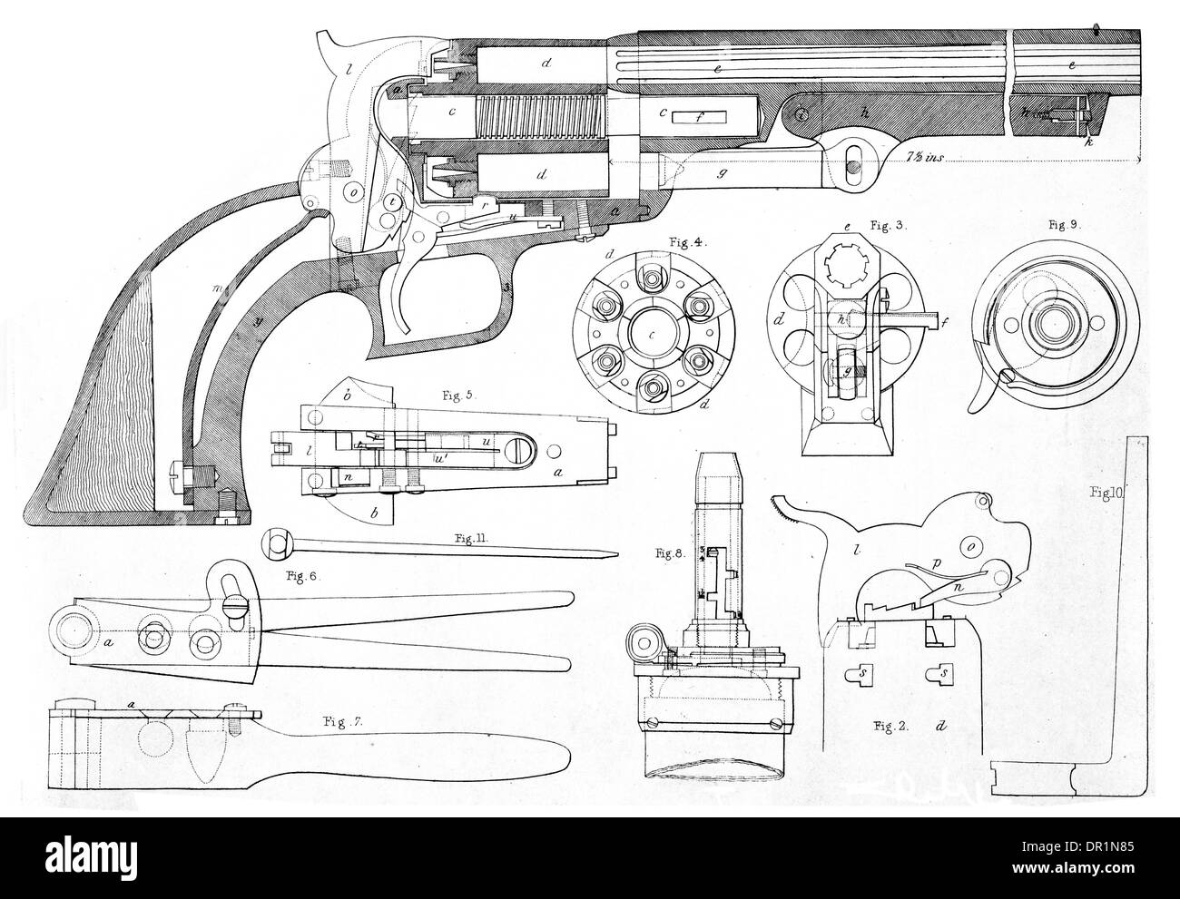 Colt's patent pistolet à répétition en coupe transversale montrant toutes les pièces. circa 1889 Banque D'Images
