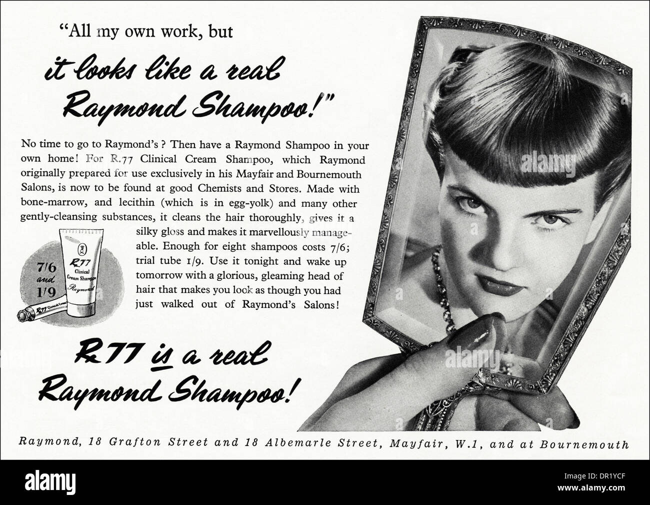 1950 Publicité Publicité R77 RAYMOND SHAMPOOING. Annonce dans le magazine de mode pour femmes vers 1952. Banque D'Images