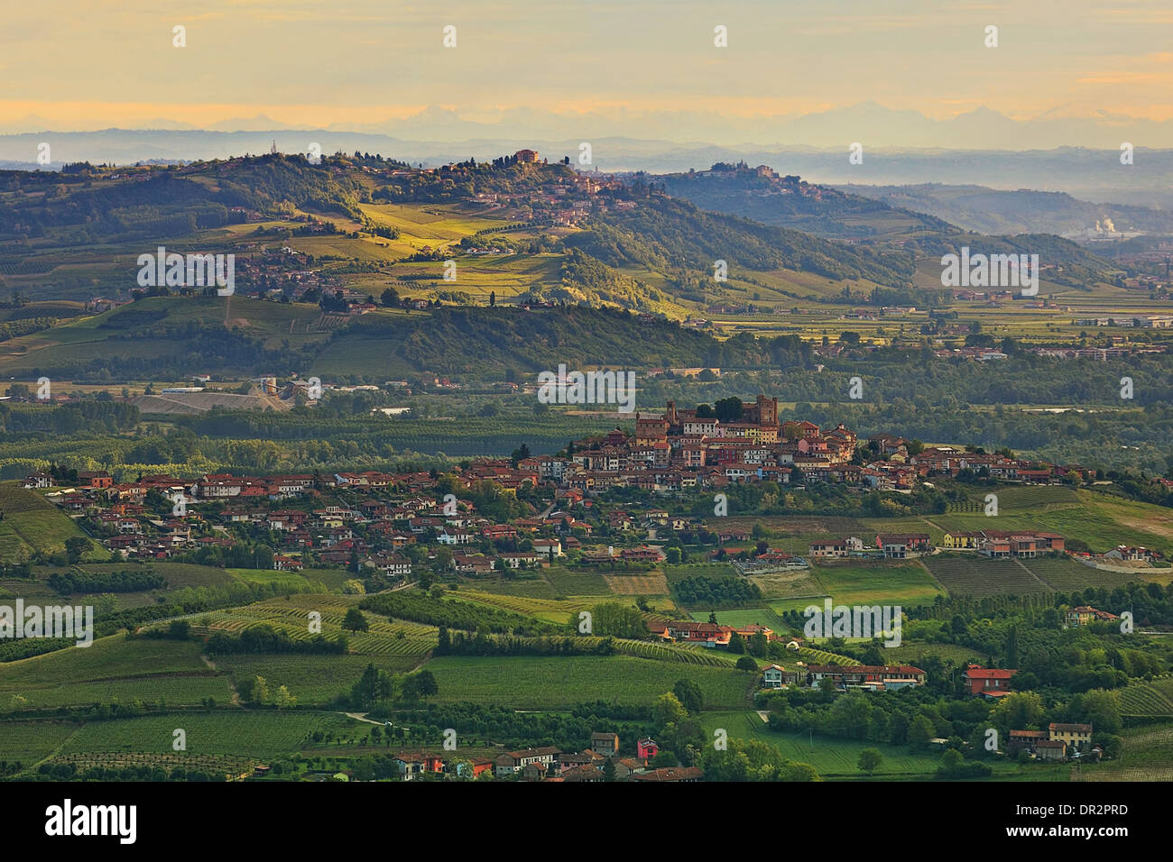 Villages de vertes collines et vignobles des Langhe le matin au printemps dans le Piémont, en Italie (vue de dessus). Banque D'Images