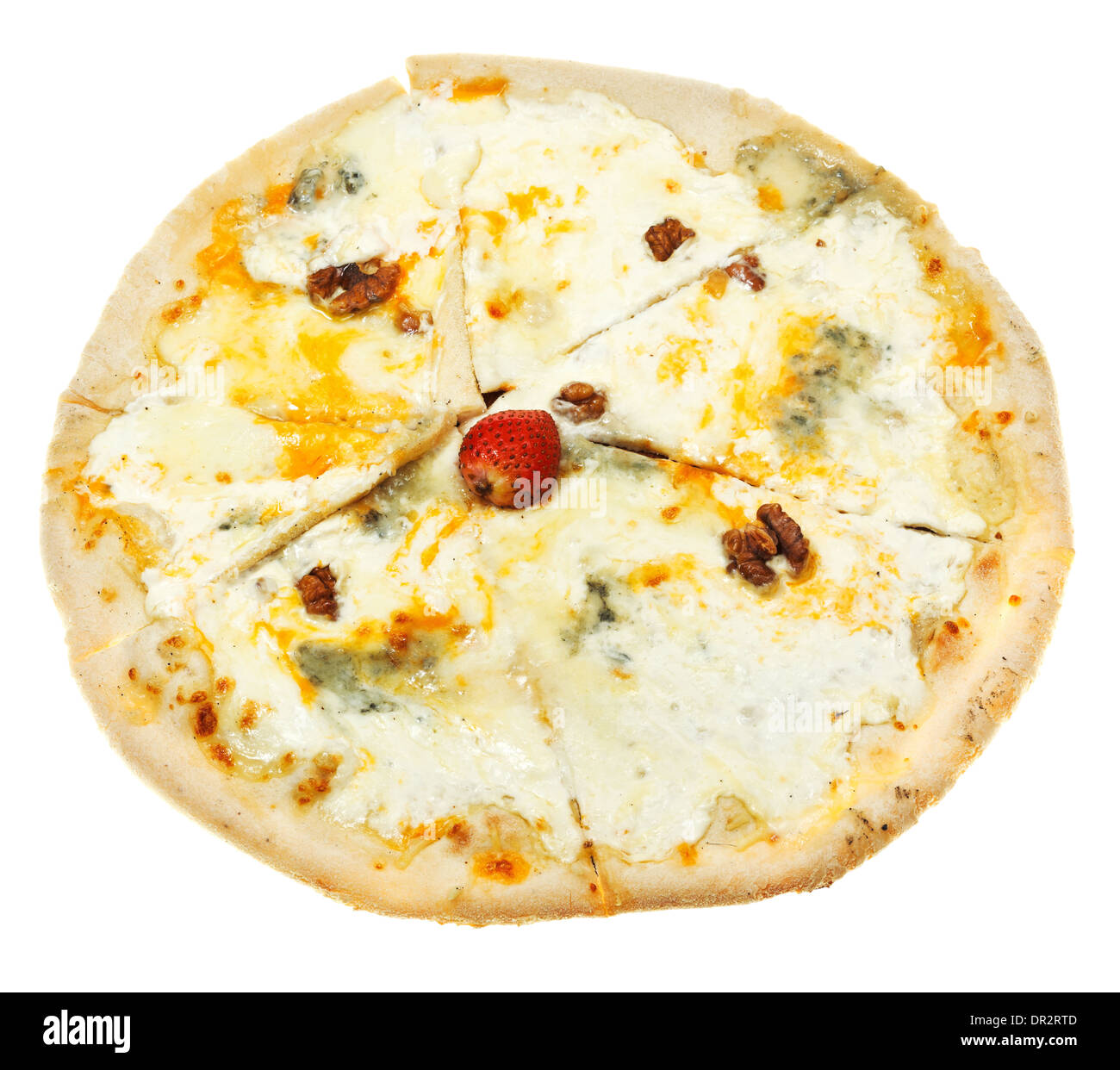 Vue du dessus de l'italien pizza quatro formaggi (quatre fromages) isolé sur fond blanc Banque D'Images