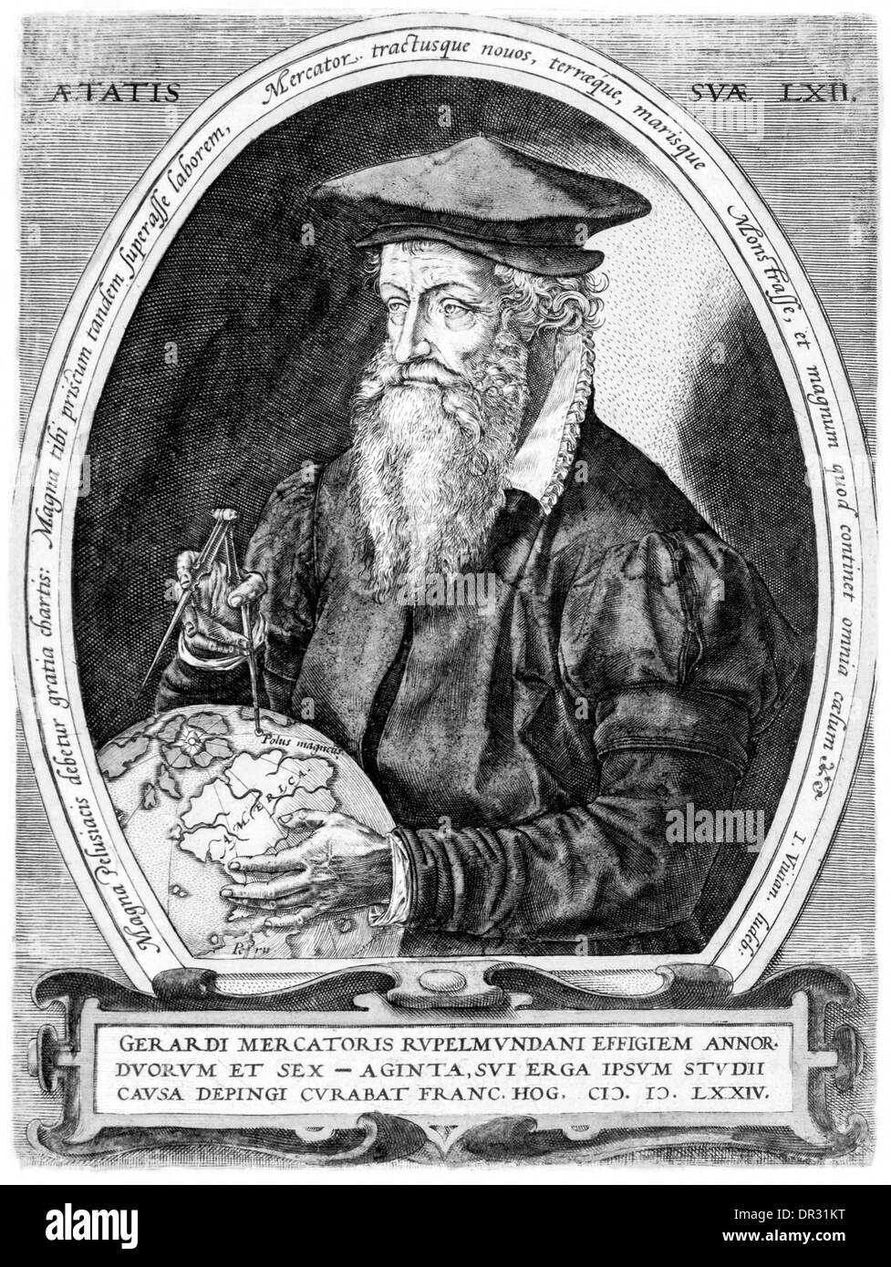 Gerardus Mercator (1512-1594), cartographe allemand, philosophe et mathématicien, sa carte du monde 1569 a montré une nouvelle projection. Banque D'Images