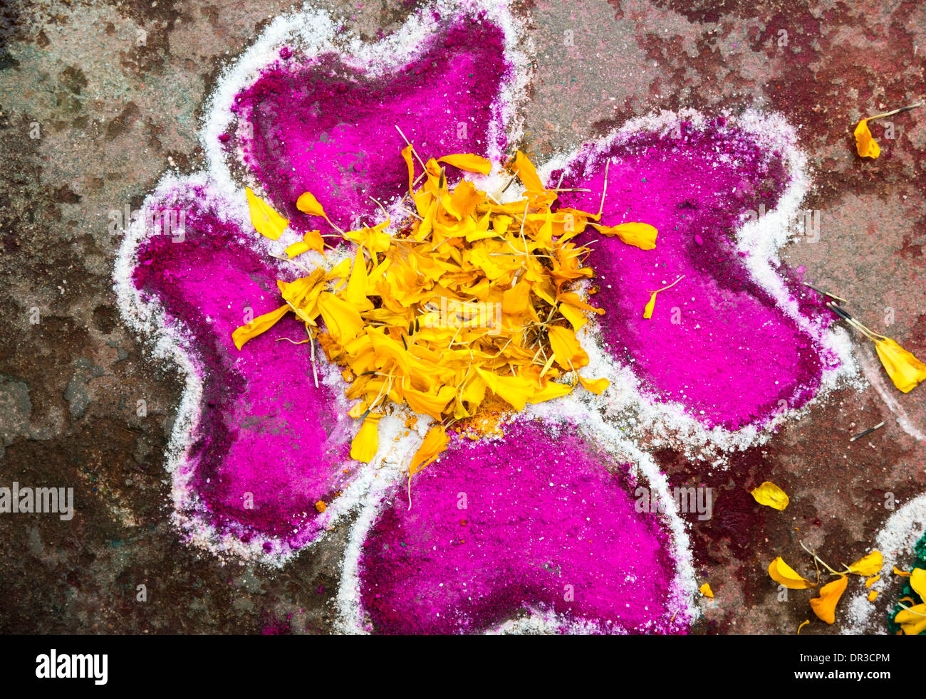 Poudre de couleur festival Rangoli design dans une rue indienne Banque D'Images