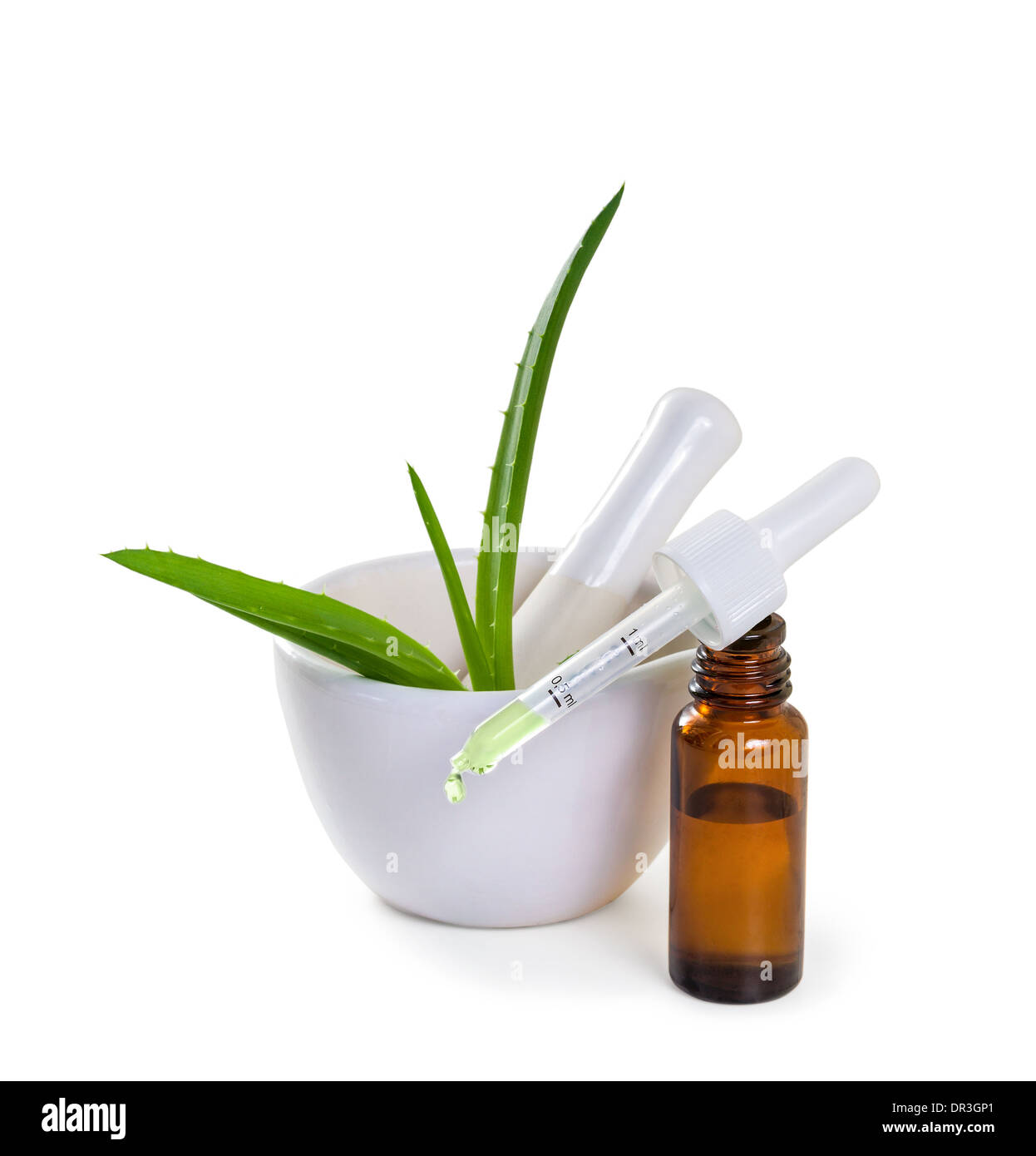 Feuilles d'aloès et de jus. Isoler sur fond blanc Banque D'Images