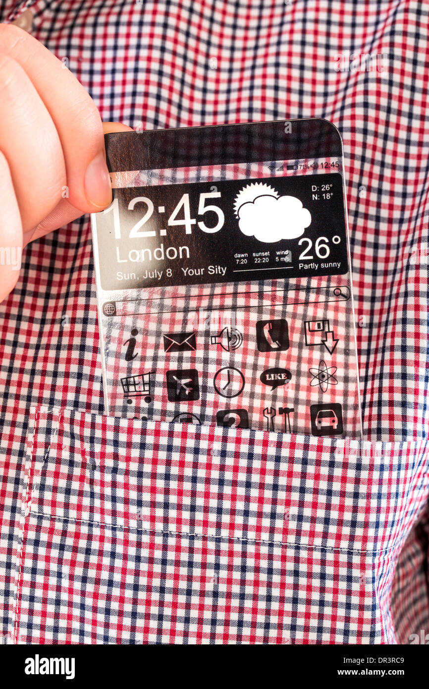 Smart phone et tablette avec écran transparent de mains humaines. Banque D'Images