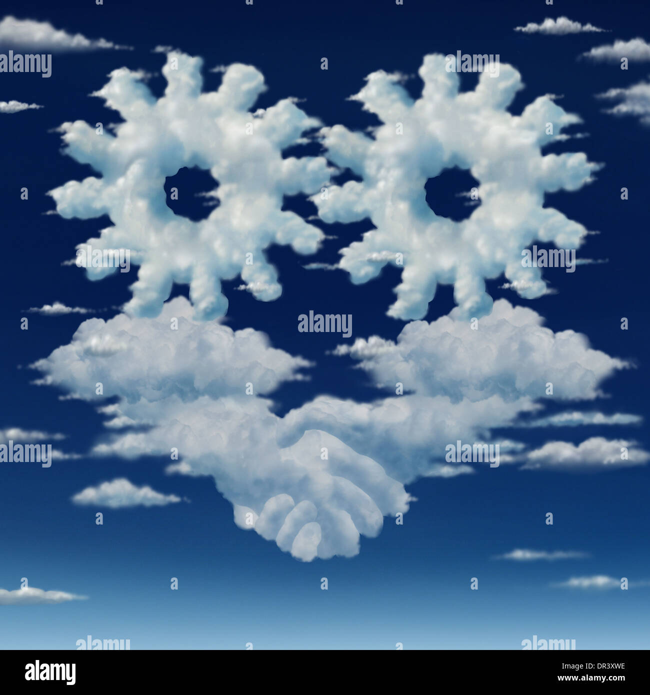 D'affaires et de partenariats de rêve du ciel concept comme un groupe de nuages en forme de deux partenaires d'une poignée de traiter et d'engrenages ou Banque D'Images
