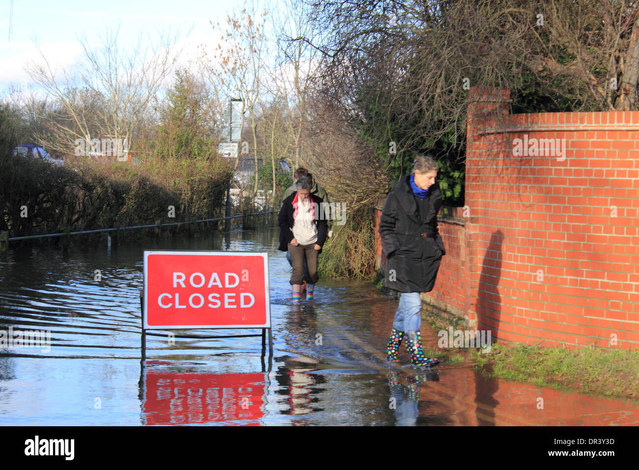 Ferry Lane Laleham, Surrey, Angleterre, Royaume-Uni. 19 janvier 2014. Habitants marcher dans l'eau dans les bottes wellington Ferry Lane comme Laleham est toujours fermé en raison des inondations. Après les niveaux exceptionnels de l'eau de pluie à travers le Royaume-Uni, la Tamise a éclaté ses banques dans de nombreux endroits, causant plusieurs routes fermées à Surrey. Credit : Julia Gavin/Alamy Live News Banque D'Images