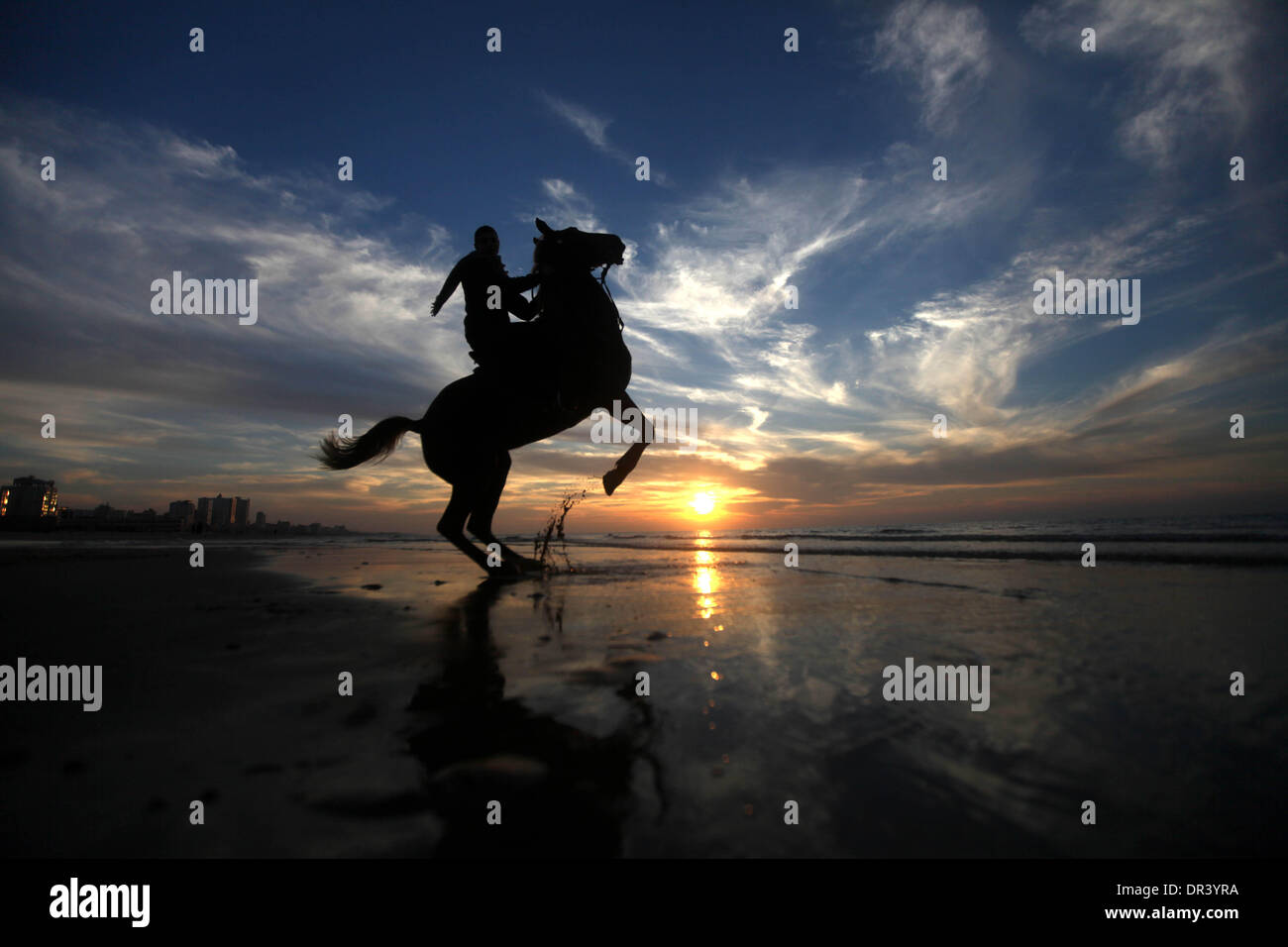 Gaza, Territoires palestiniens. 19 Jan, 2014. Un palestiniens monte un cheval sur la plage de Gaza au coucher du soleil dans la ville de Gaza, le 19 janvier 2014. © Majdi Fathi/NurPhoto ZUMAPRESS.com/Alamy/Live News Banque D'Images