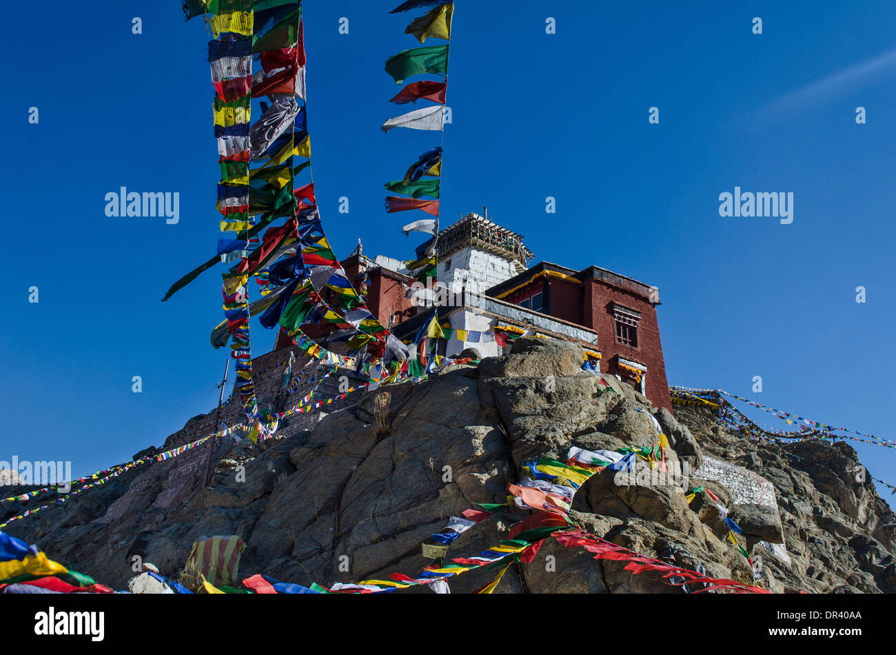 Namgyal Tsemo Gompa monastère et drapeaux de prière Tibetains, Leh, Inde Banque D'Images
