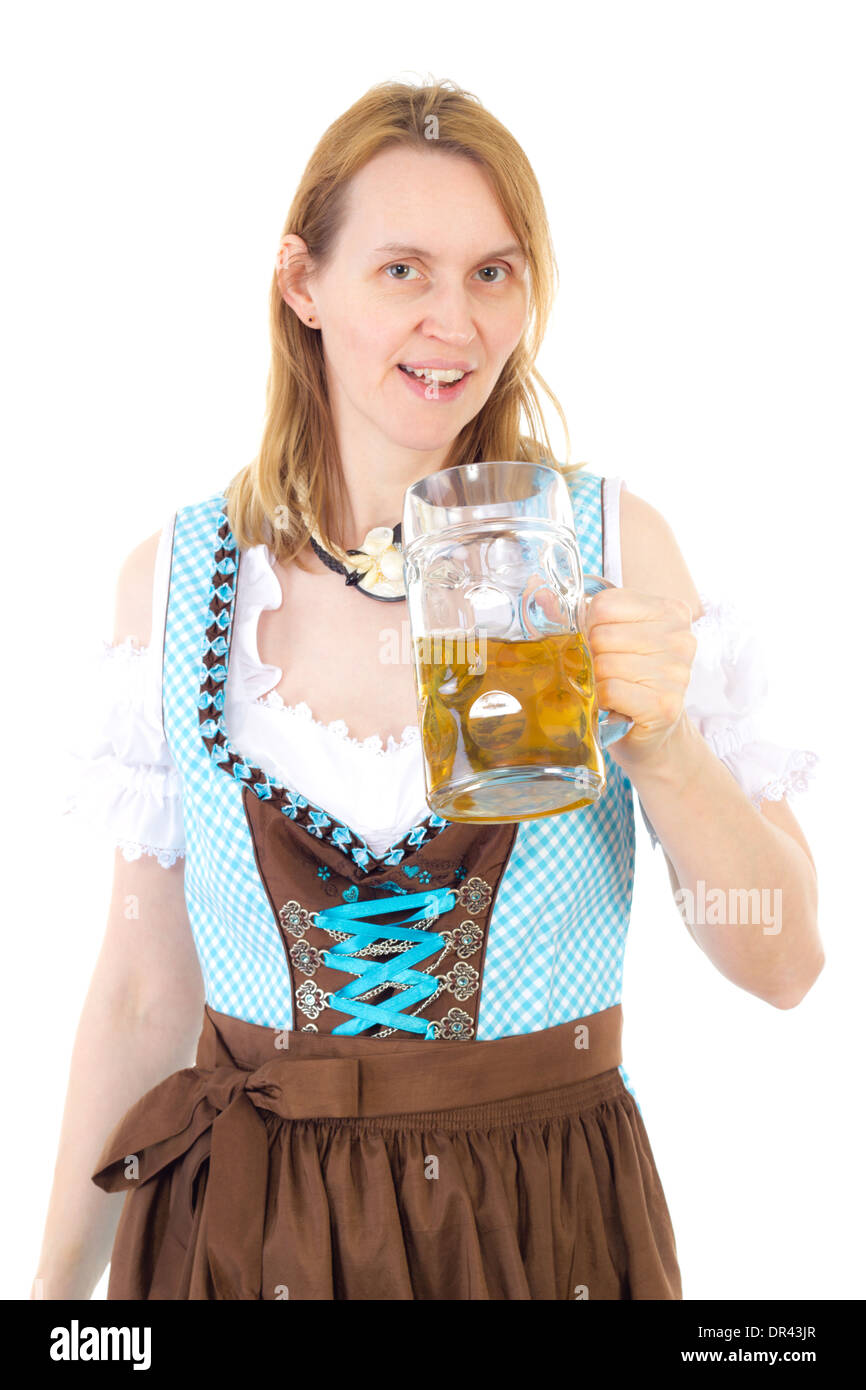 Femme blonde avec dirndl et à l'Oktoberfest bière Banque D'Images